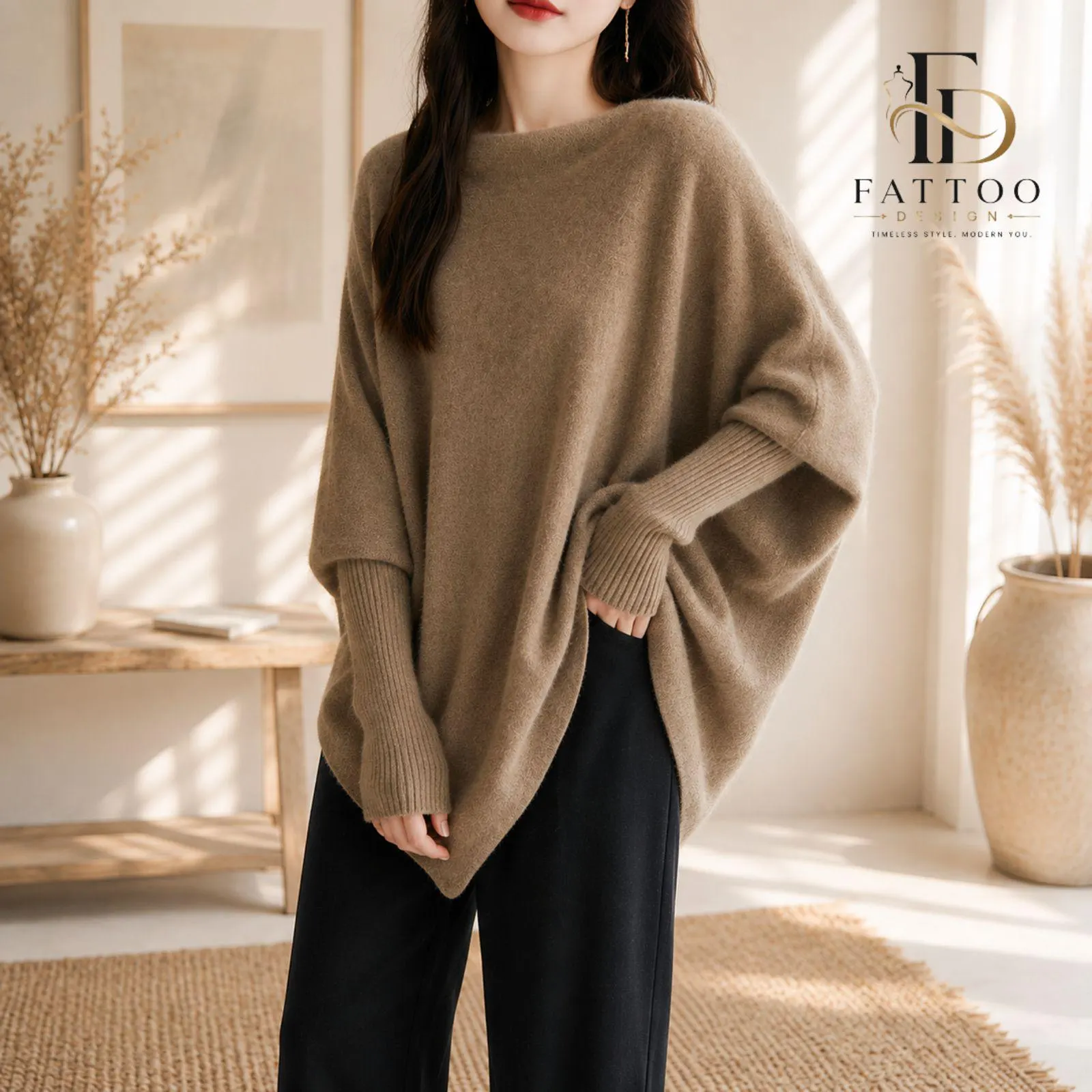 Oversized Batwing Poncho Sweater, Soft Polyester, Asymmetrical Hem, Cream Knit Top