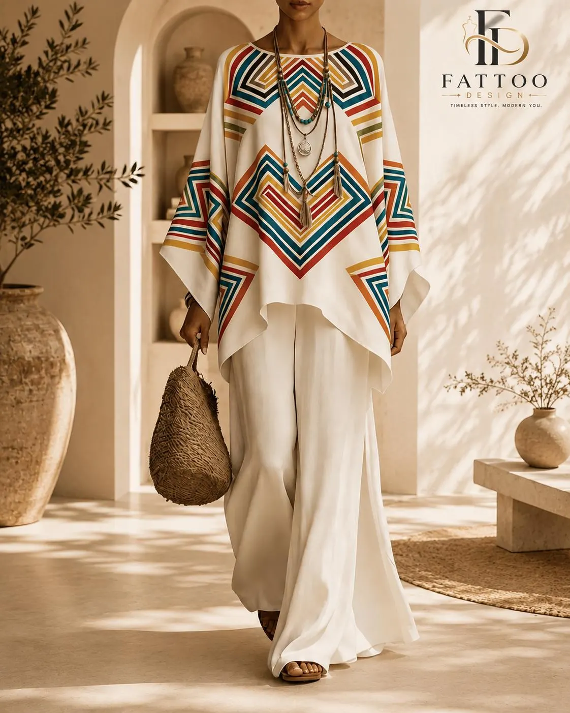Boho Floral Print Kaftan Palazzo Set, Modest Two-Piece Resort Wear Outfit