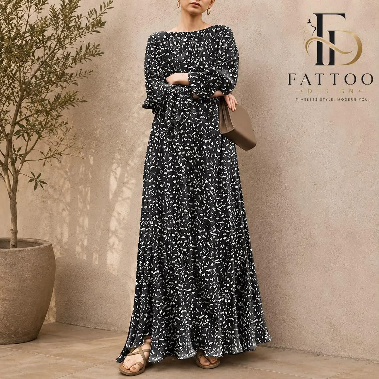 Chiffon Maxi Dress, Long Sleeve, Loose Fit, Minimalist Print, Elegant Flowy Outfit, Casual Wear - image 5