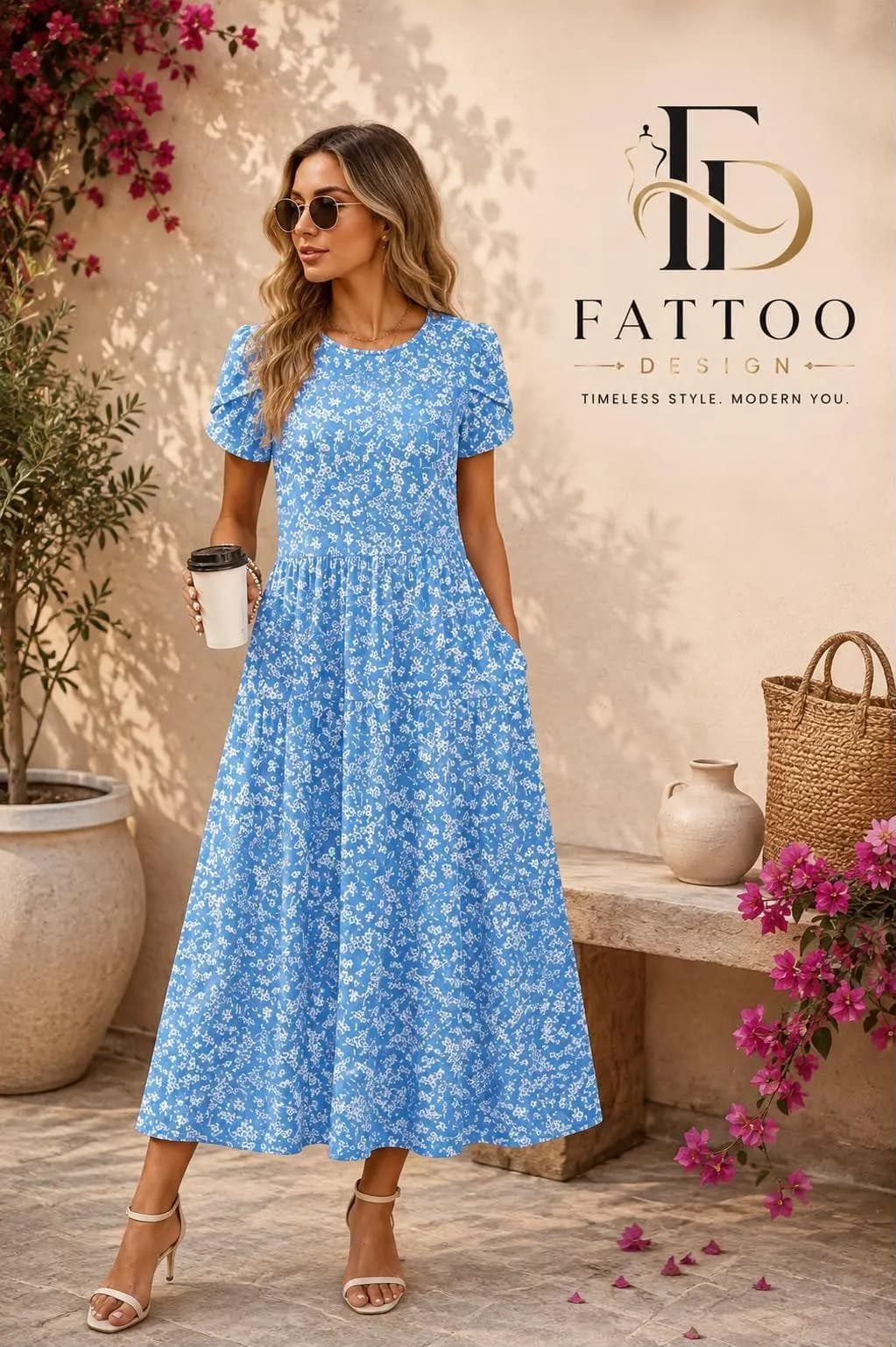 Floral Print A-Line Maxi Dress, Short Sleeve Tiered Skirt, Summer Vacation Style - image 3