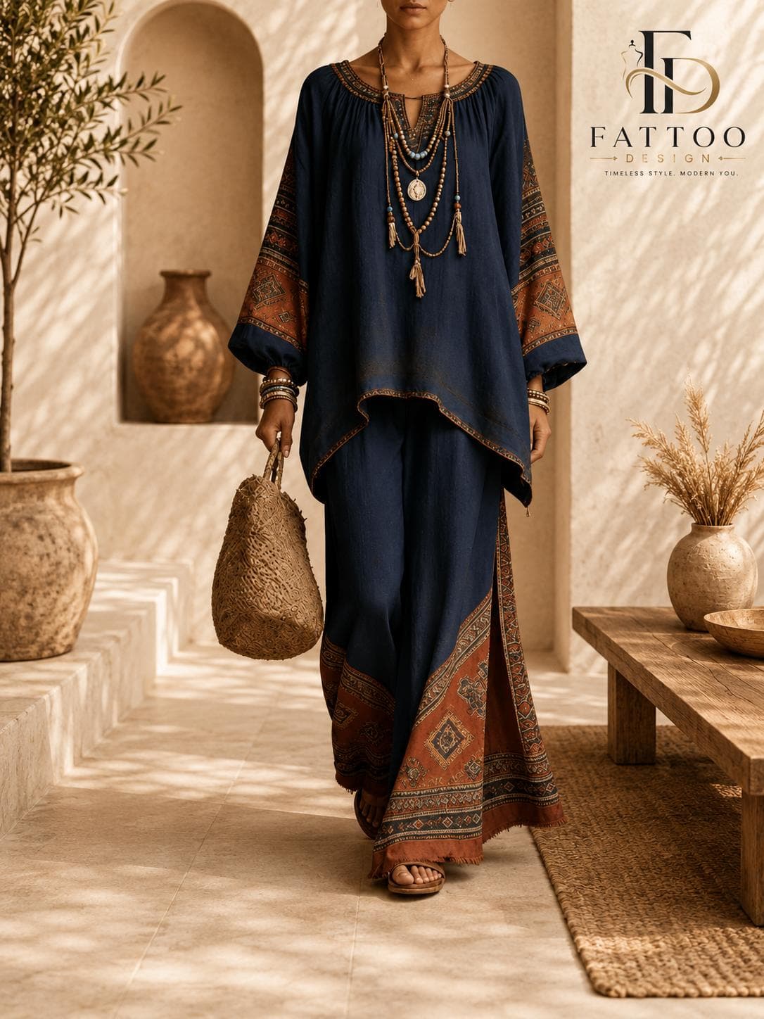 Boho Floral Print Kaftan Palazzo Set, Modest Two-Piece Resort Wear Outfit - image 3
