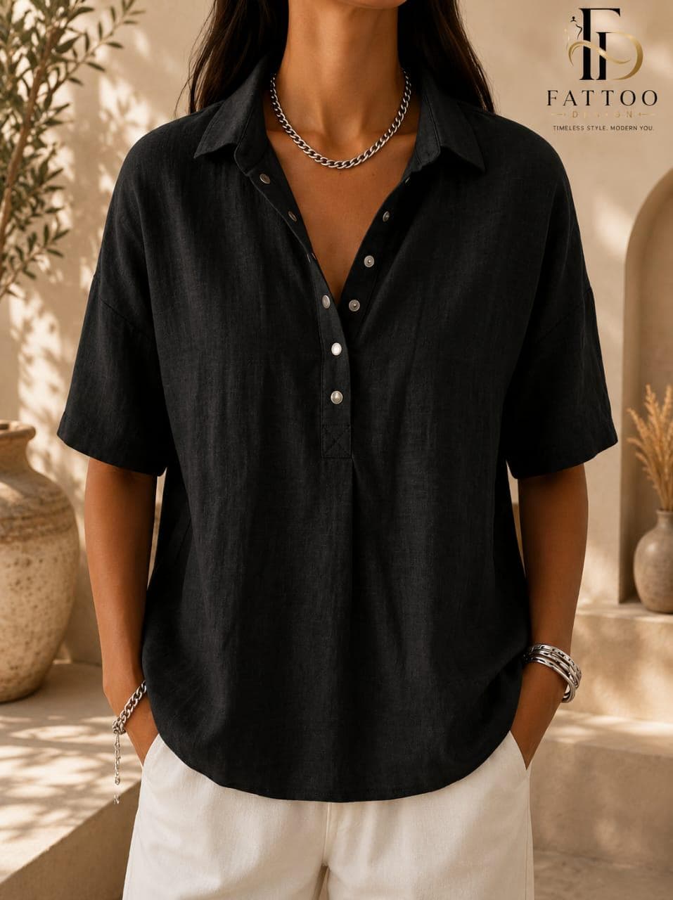 Cotton Linen Blouse, Loose Fit Short Sleeve Tunic, Minimalist Summer Top