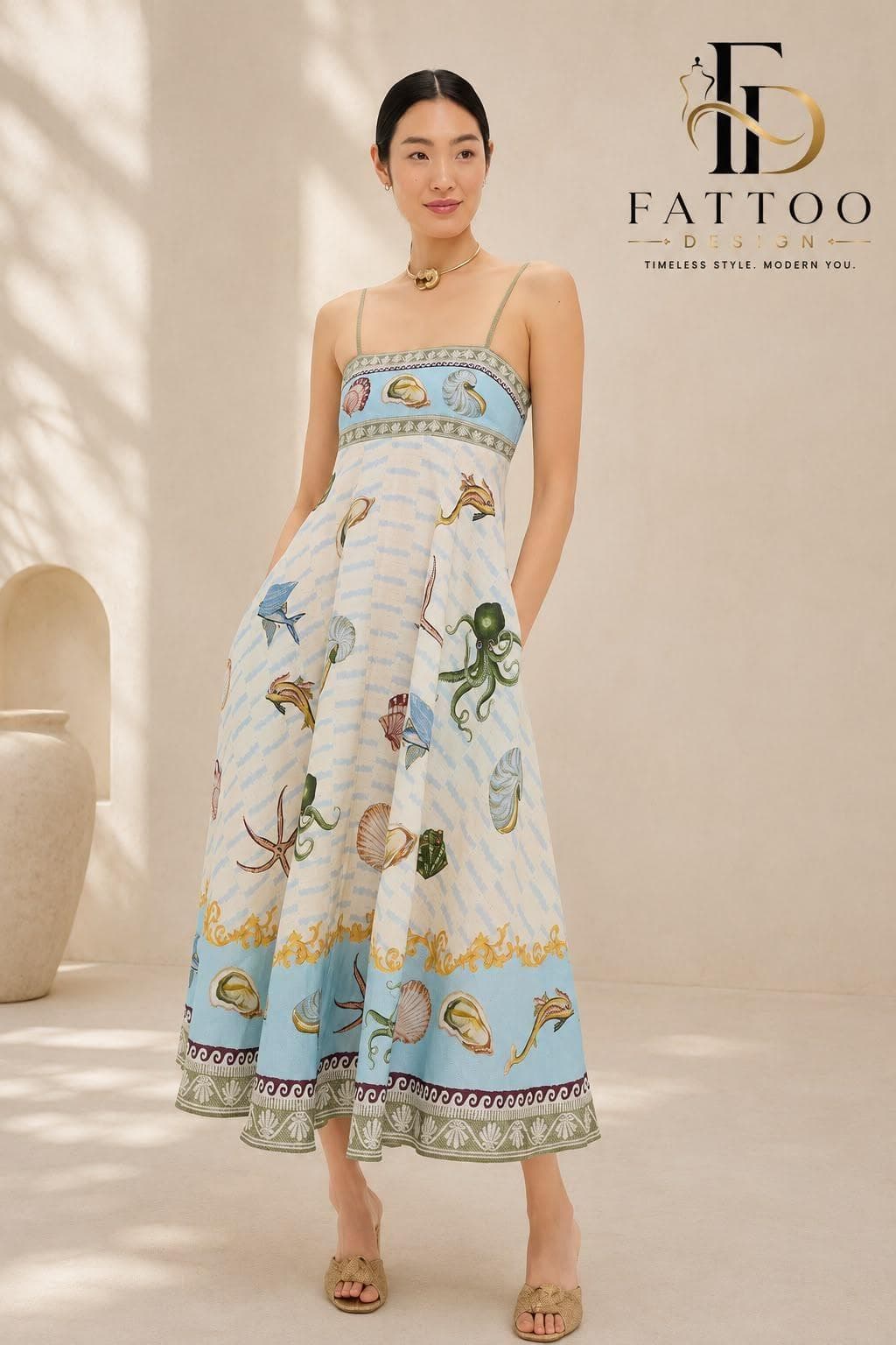 Printed Midi Dress, Spaghetti Strap, Square Neck, Cotton Blend, Resort Wear - image 4