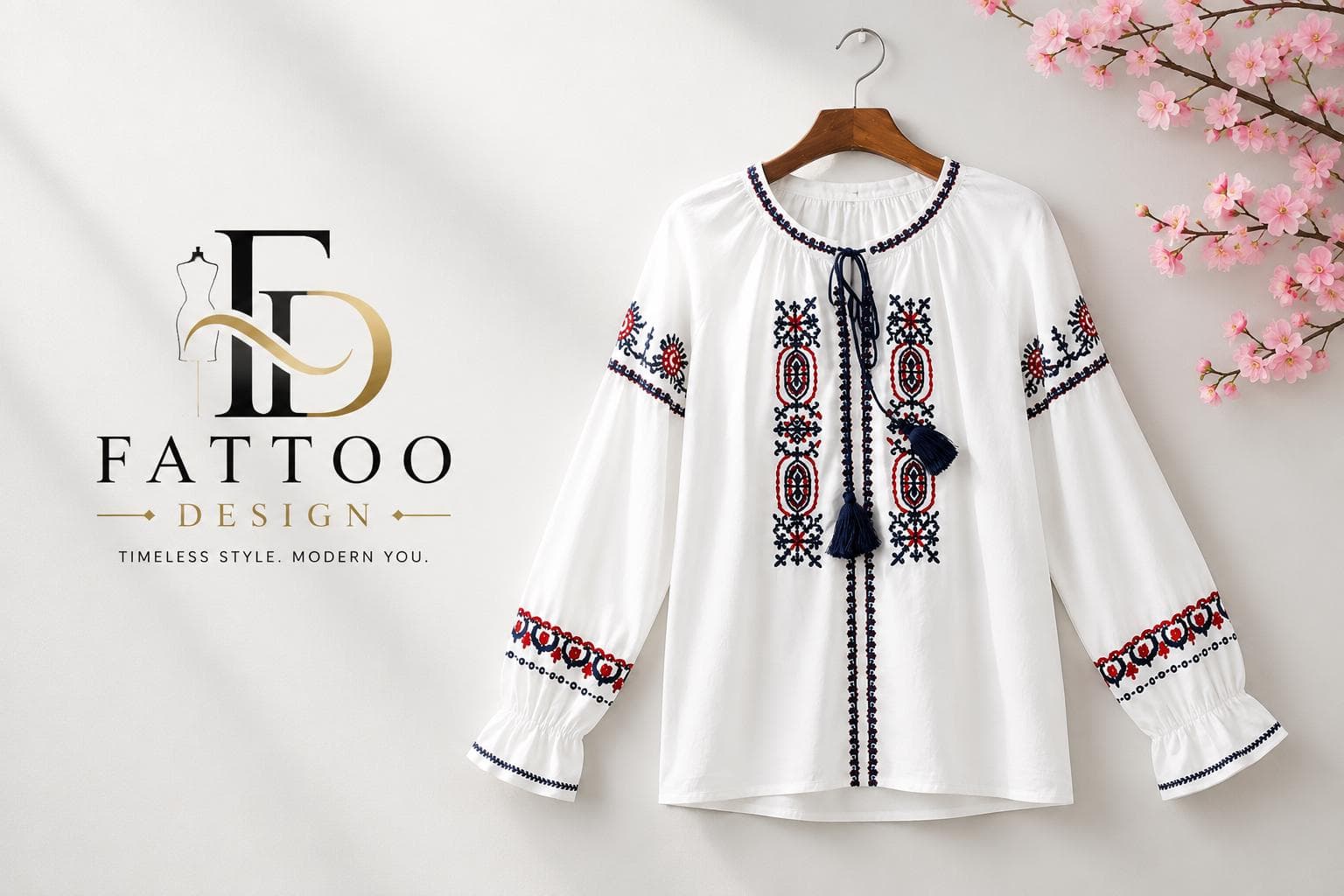 Embroidered Cotton Linen Blouse, Boho Lantern Sleeve Tie Neck Tunic Top - image 4