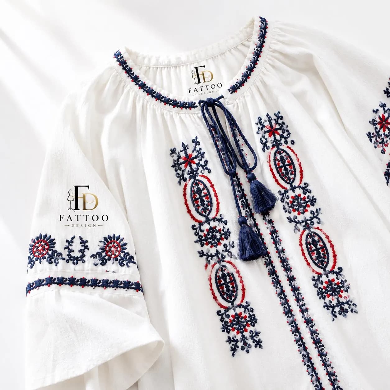Embroidered Cotton Linen Blouse, Boho Lantern Sleeve Tie Neck Tunic Top - image 3