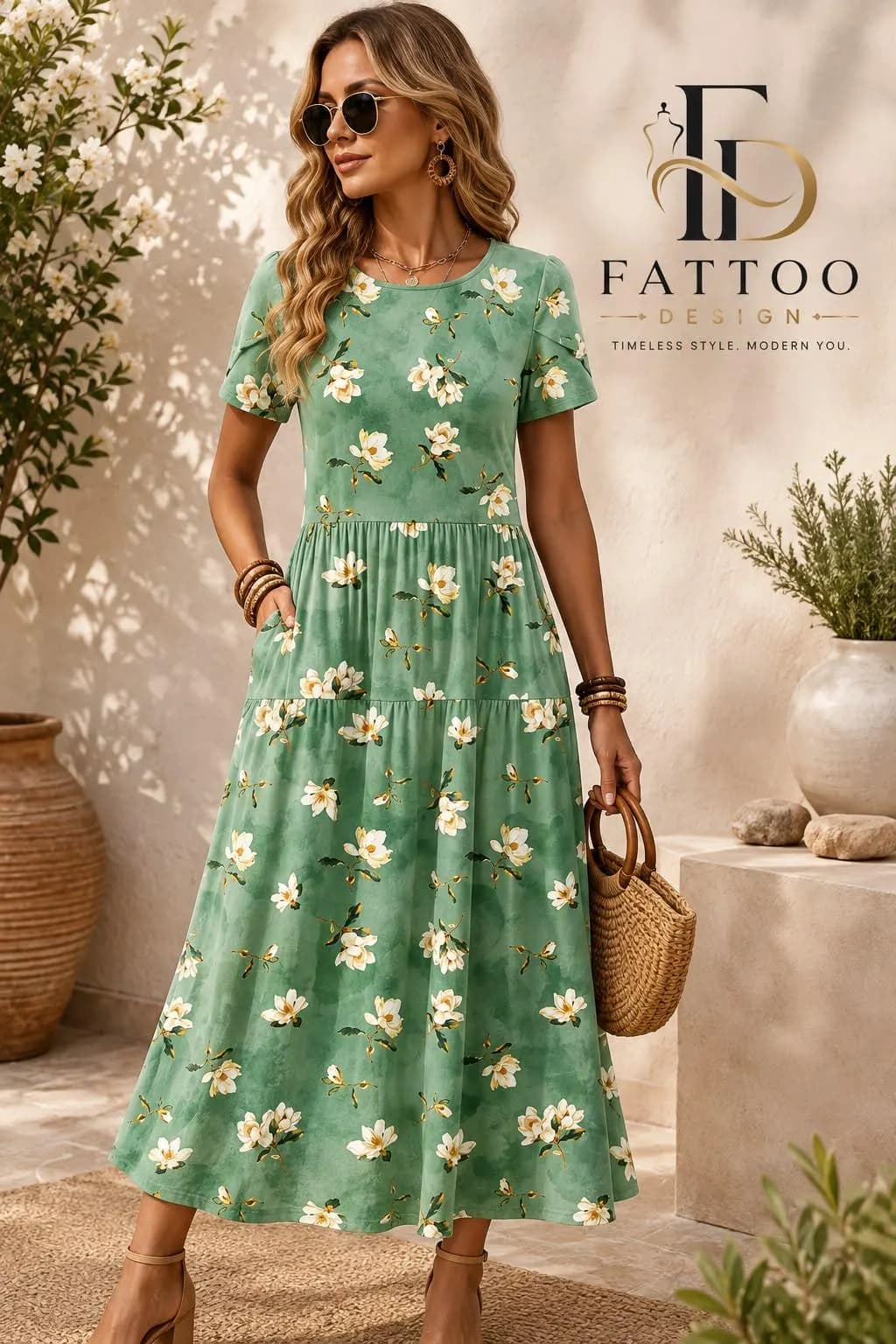 Floral Print A-Line Maxi Dress, Short Sleeve Tiered Skirt, Summer Vacation Style - image 4