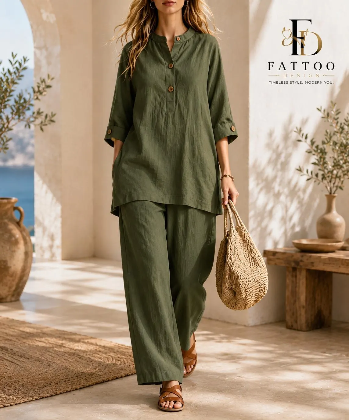 Women's Polyester Summer 2-Piece Pants Set, Button Front Top, Wide Leg Vacation Outfit - image 4
