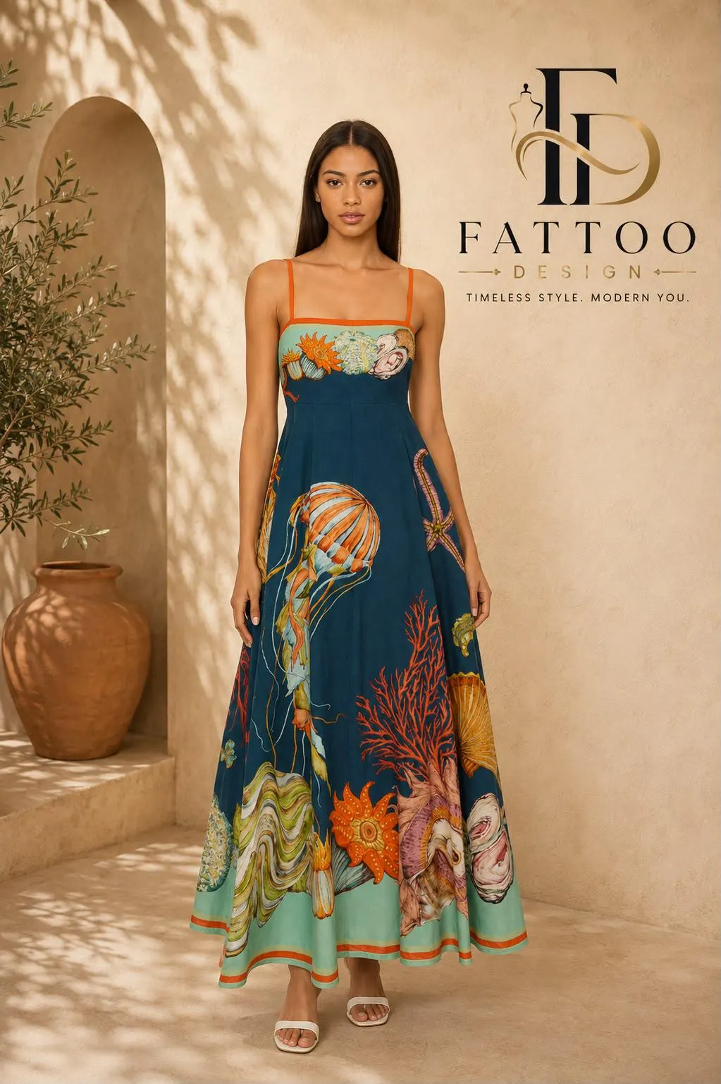 Printed Midi Dress, Spaghetti Strap, Square Neck, Cotton Blend, Resort Wear