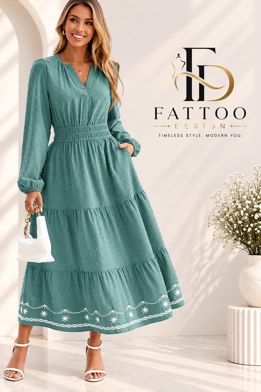 Boho V-Neck Maxi Dress, Long Sleeve Smocked Waist, Tiered Skirt, Pockets Autumn Winter Dress - image 4