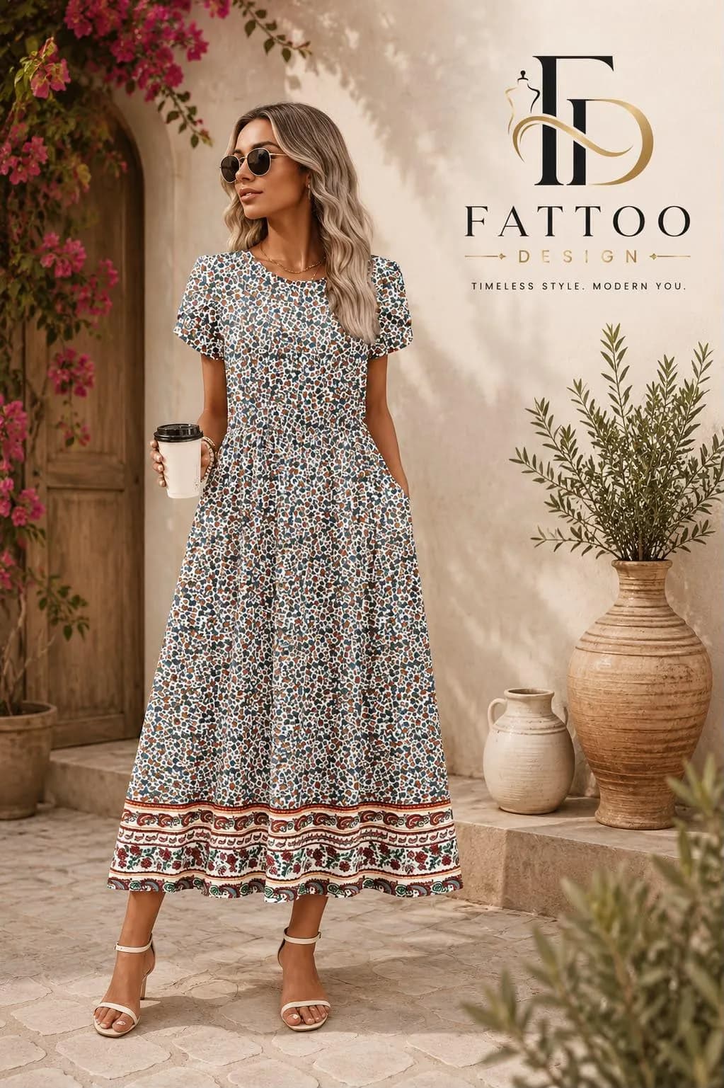 Floral Print A-Line Maxi Dress, Short Sleeve Tiered Skirt, Summer Vacation Style - image 5