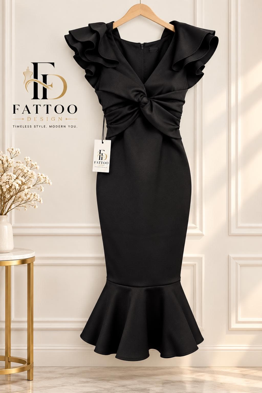 Black Mermaid Ruffle Dress, V-Neck Evening Gown, Ruched Cocktail Dress - image 4