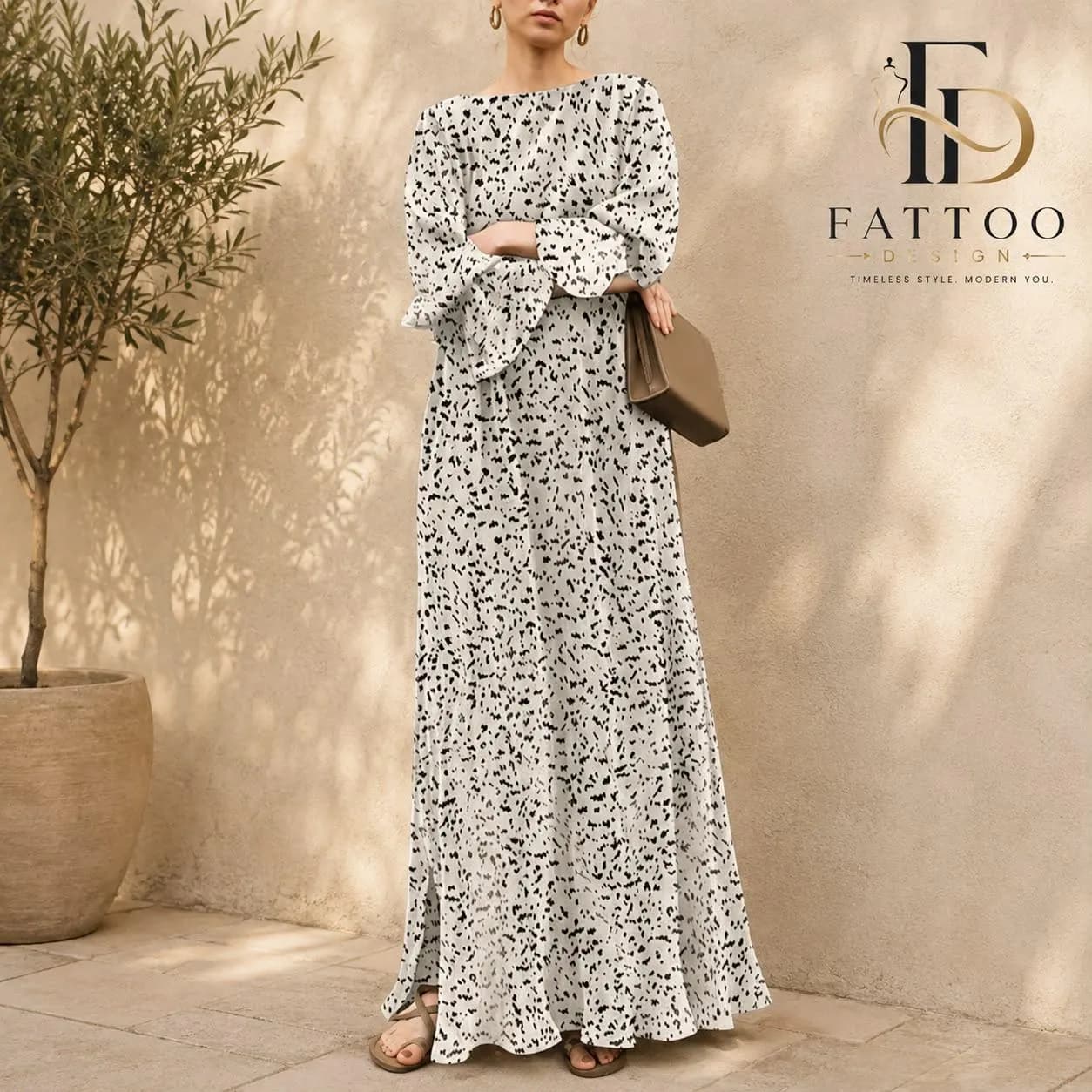 Chiffon Maxi Dress, Long Sleeve, Loose Fit, Minimalist Print, Elegant Flowy Outfit, Casual Wear