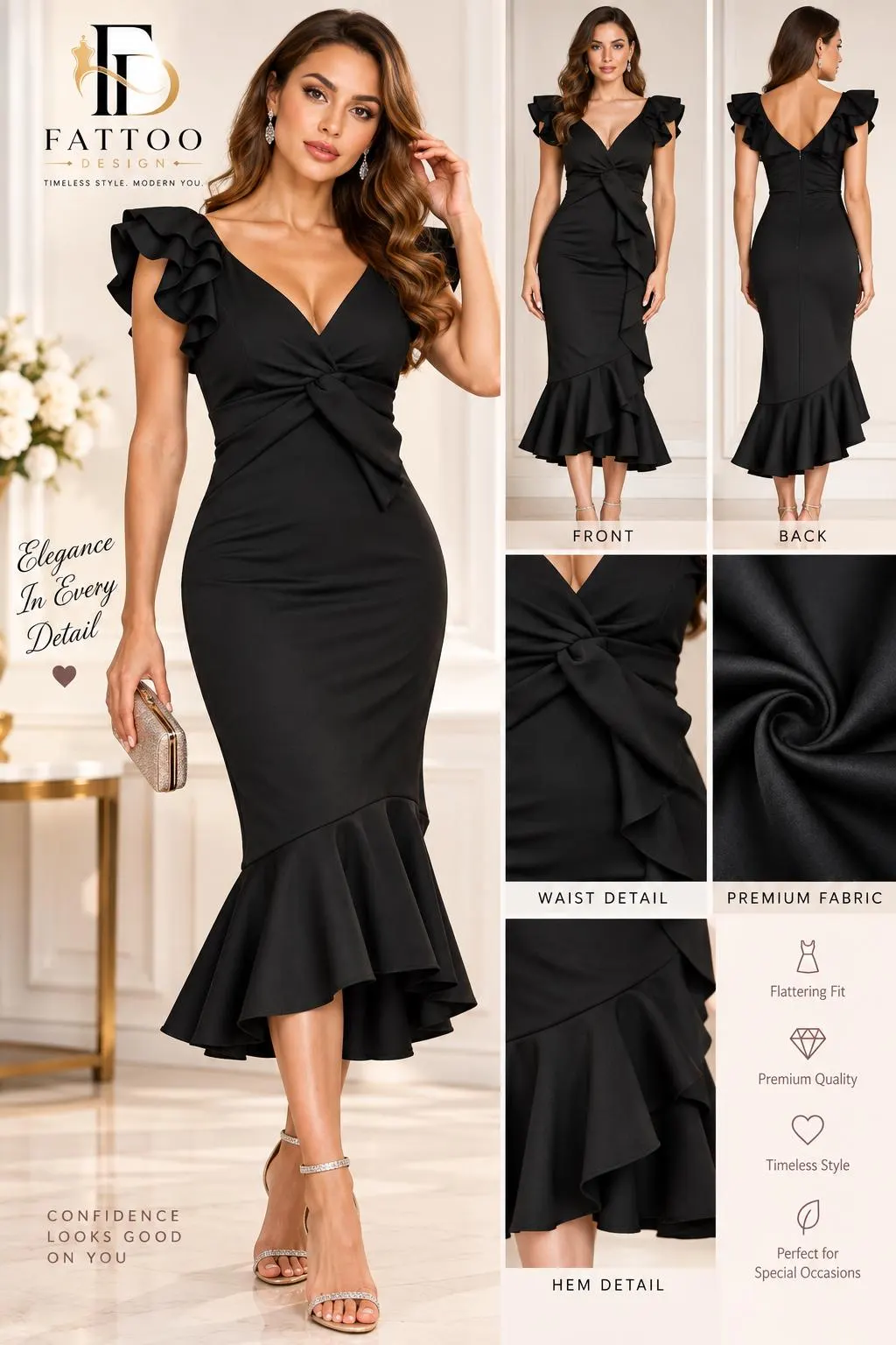 Black Mermaid Ruffle Dress, V-Neck Evening Gown, Ruched Cocktail Dress - image 3