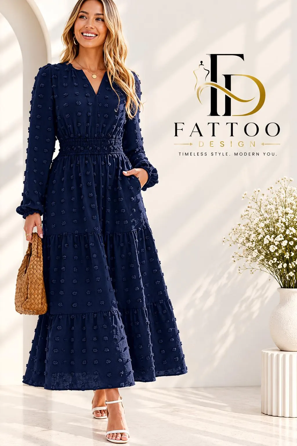 Boho V-Neck Maxi Dress, Long Sleeve Smocked Waist, Tiered Skirt, Pockets Autumn Winter Dress