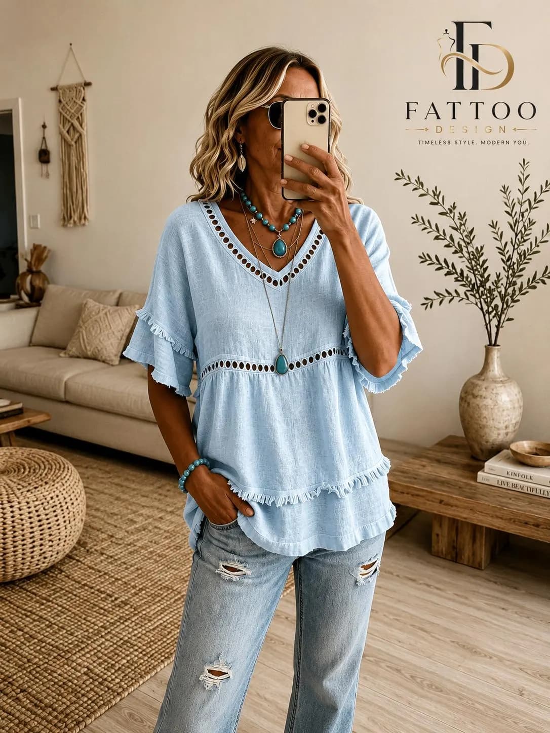 Boho Eyelet Lace Tunic Blouse, Fringe Trim Summer Shirt, Relaxed Babydoll Top - image 4