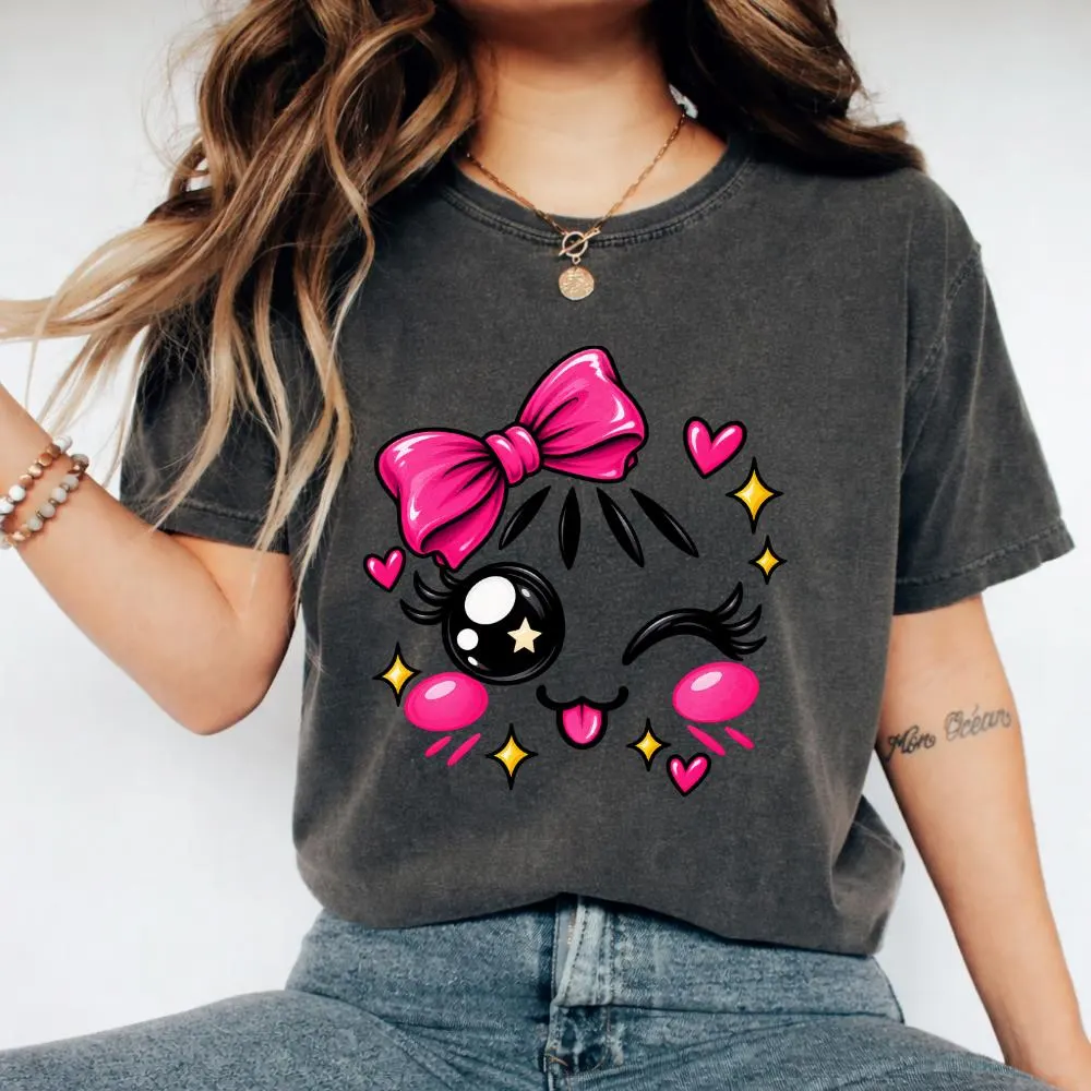 Cute Kawaii Bow T-Shirt, Girly Cartoon Gift, Pink Bow Graphic Tee, Cute Heart Shirt, Coquette Aesthetic Gift, Cute Girl Tee - image 3