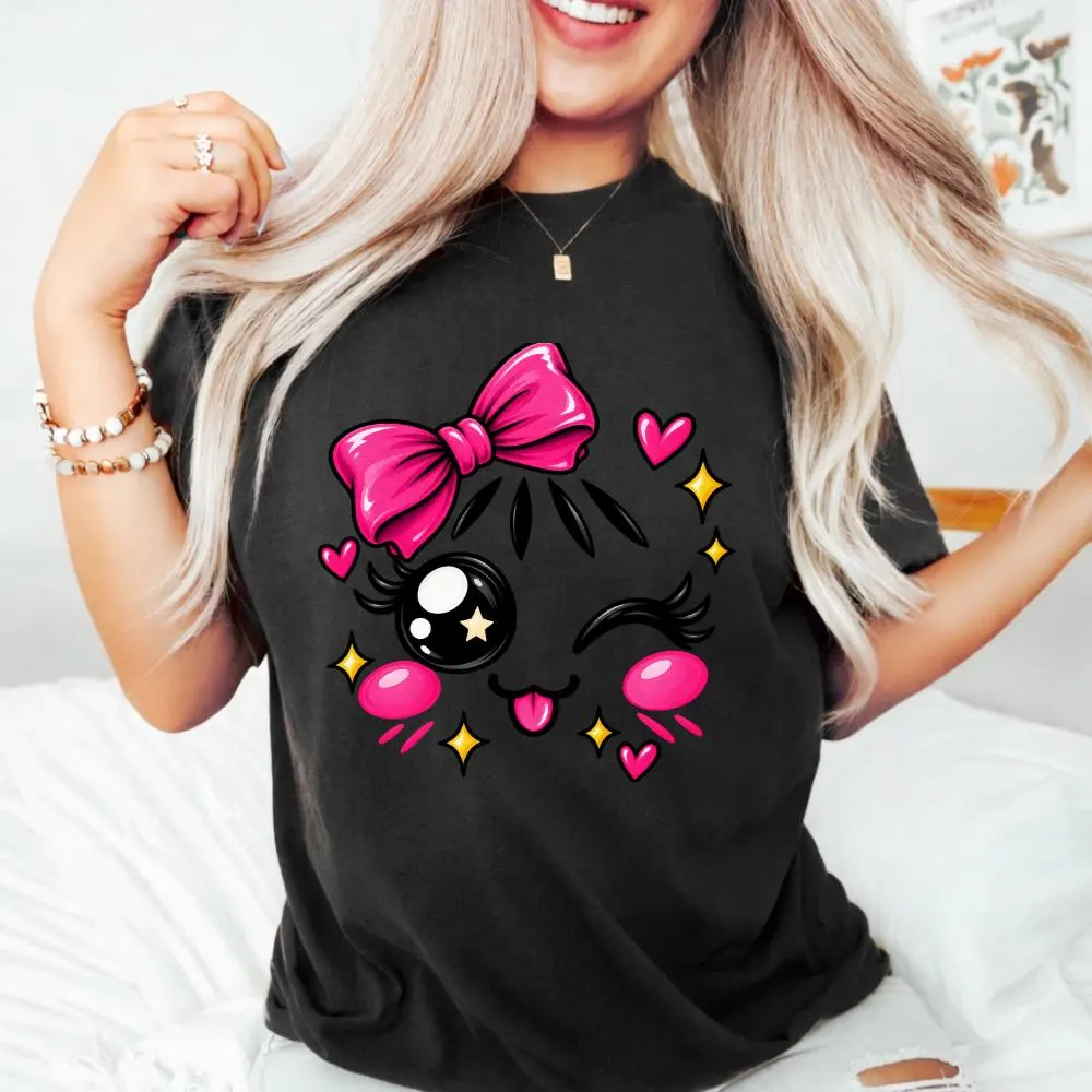 Cute Kawaii Bow T-Shirt, Girly Cartoon Gift, Pink Bow Graphic Tee, Cute Heart Shirt, Coquette Aesthetic Gift, Cute Girl Tee - image 4