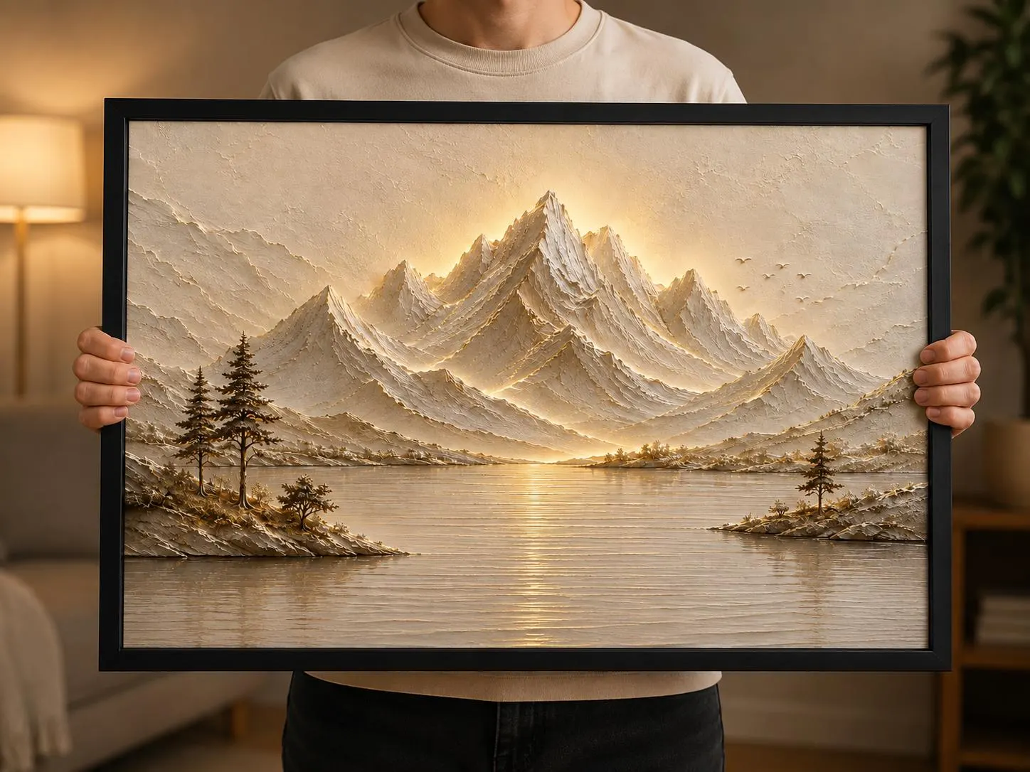 3D Mountain Lake Canvas Wall Art-Illuminated Landscape Artwork-Neutral Nature Decor-Luxury Large Framed Canvas