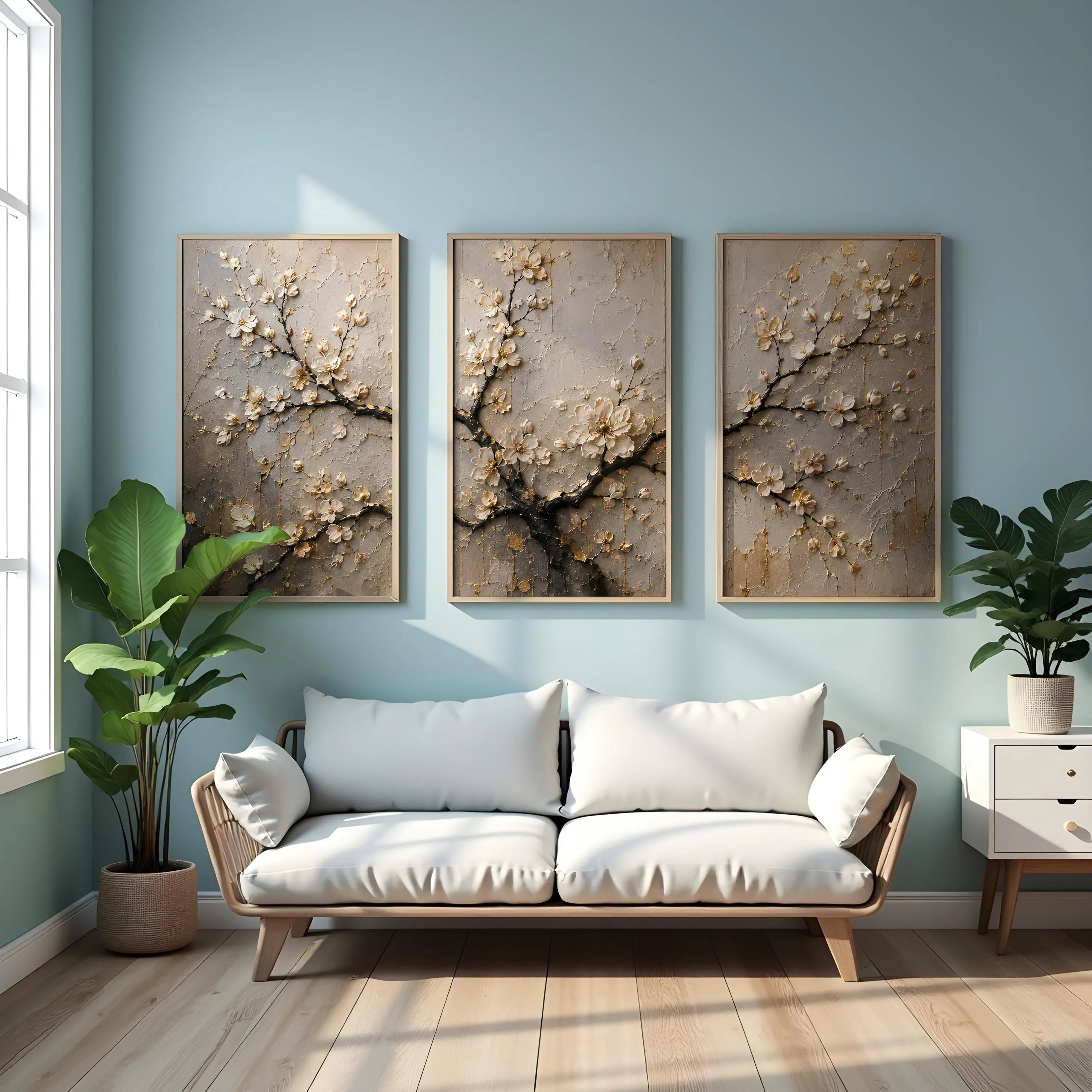 3 Panel Floral Canvas Wall Art-Cherry Blossom Triptych-Neutral Botanical Decor-Luxury Beige Art-Framed Canvas Set - image 3