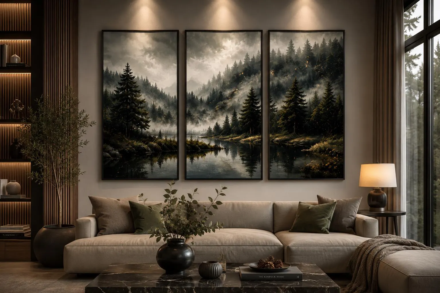 3 Panel Forest Canvas Wall Art-Misty Pine Landscape Triptych-Moody Nature Decor-Large Woodland Canvas Set