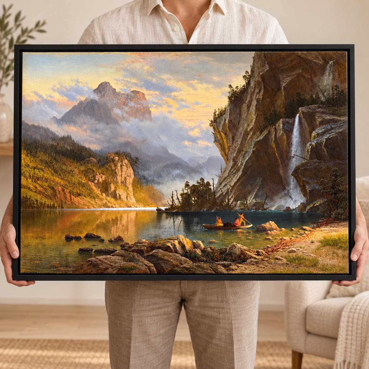 Albert Bierstadt Indians Spear Fishing Print-American West Landscape Wall Art-Vintage Mountain Lake Rustic Painting