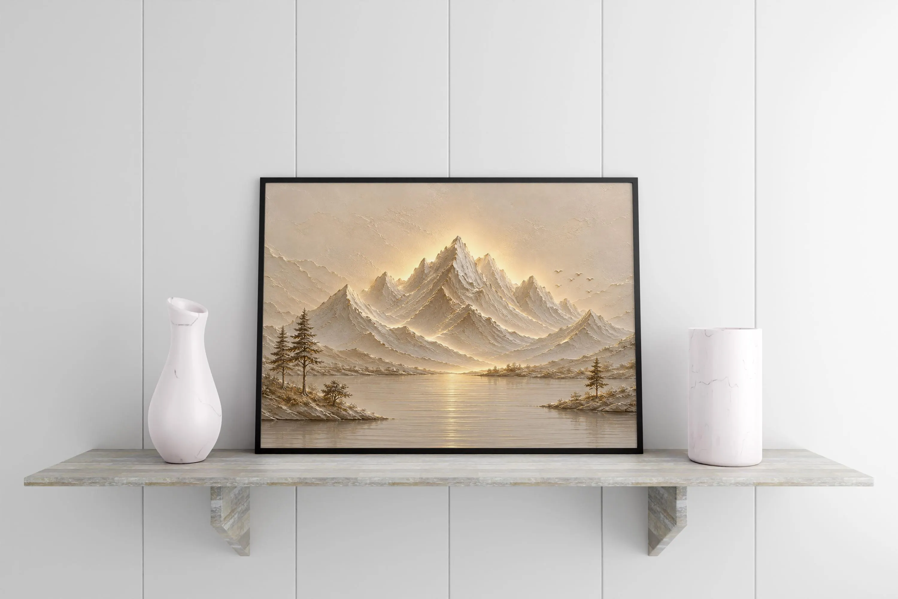 3D Mountain Lake Canvas Wall Art-Illuminated Landscape Artwork-Neutral Nature Decor-Luxury Large Framed Canvas - image 5