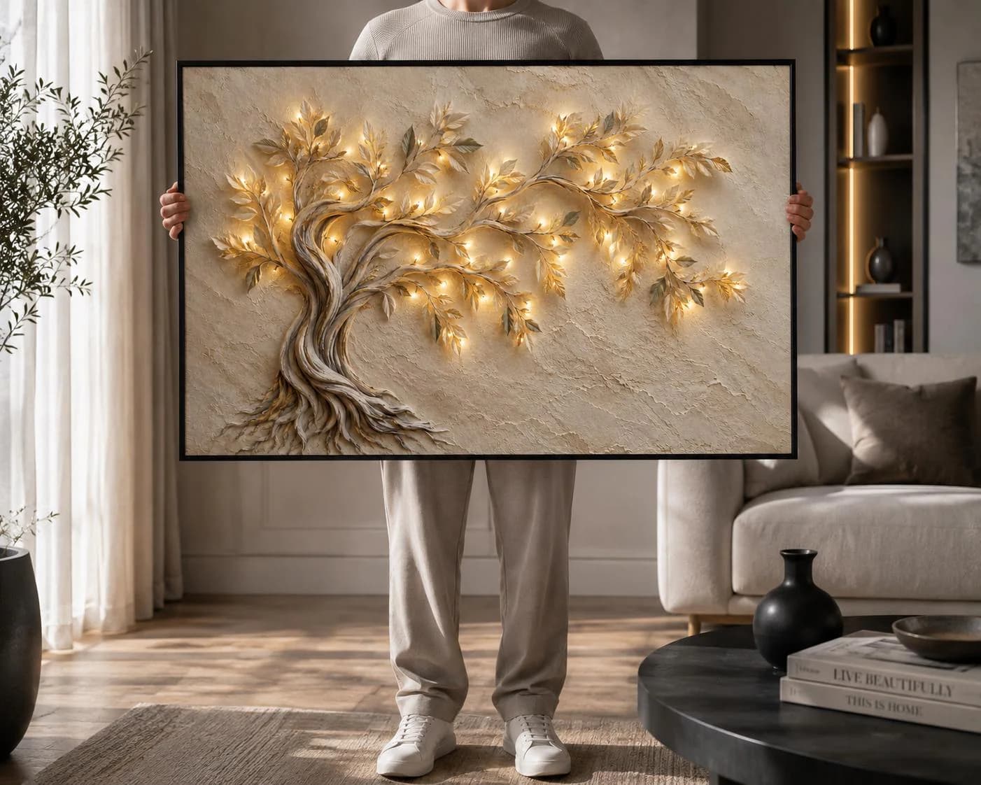 3D Tree of Life Canvas Wall Art-Illuminated Artwork-Neutral Botanical Wall Decor-Luxury Living Room Art