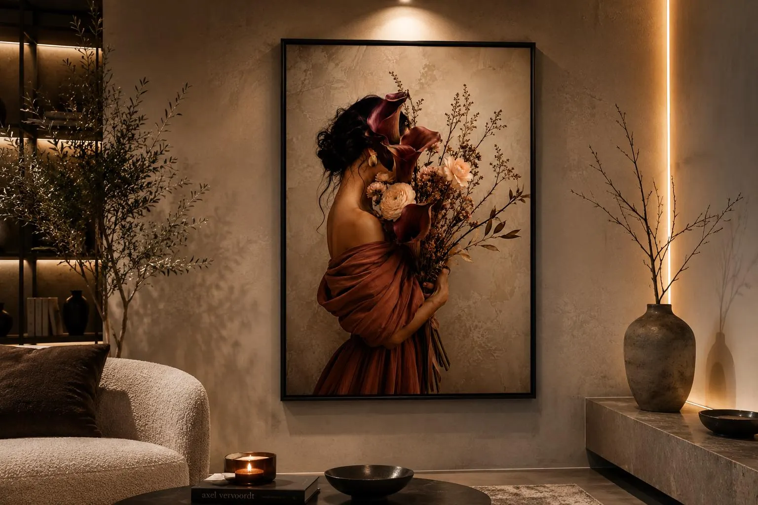 Floral Woman Canvas Wall Art – Burgundy Flower Portrait-Elegant Feminine Decor-Luxury Botanical Framed Canvas - image 4