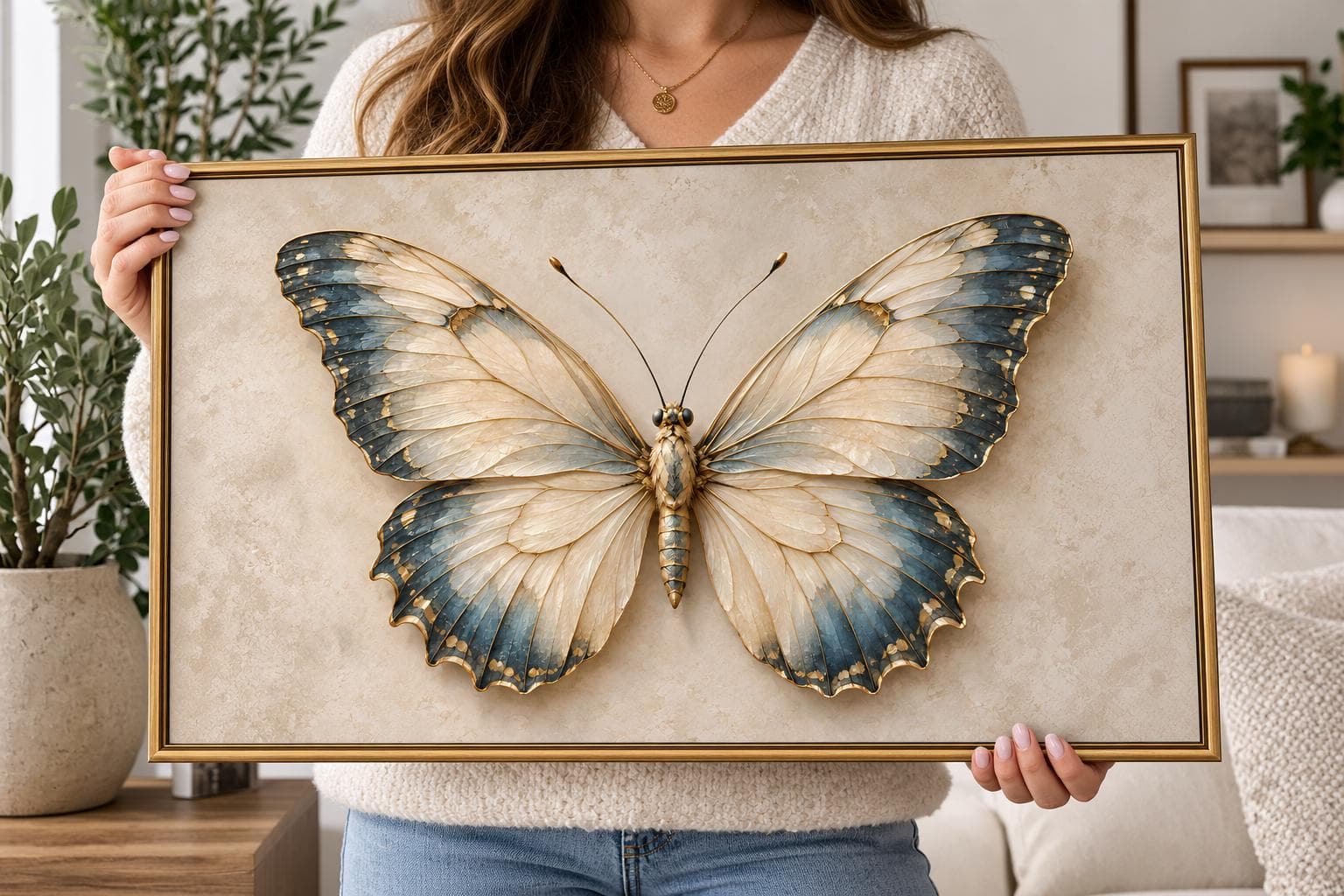 3D Butterfly Wall Art-Gold Blue Butterfly Canvas-Modern Insect Artwork-Luxury Nature Decor-Elegant Living Room Decor
