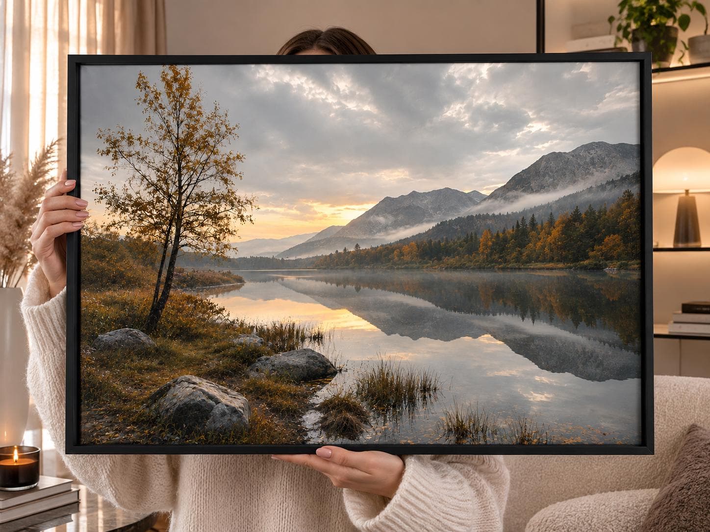 Mountain Lake Canvas Wall Art-Misty Forest Landscape Print-Serene Nature Decor-Large Framed Canvas Artwork