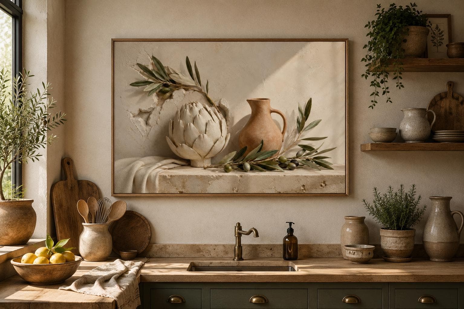 Artichoke Kitchen Canvas Wall Art-Mediterranean Still Life Decor-Olive Branch Kitchen Print -Rustic Farmhouse Design - image 3