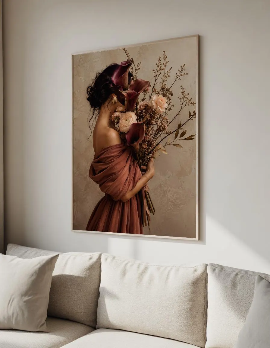 Floral Woman Canvas Wall Art – Burgundy Flower Portrait-Elegant Feminine Decor-Luxury Botanical Framed Canvas - image 3