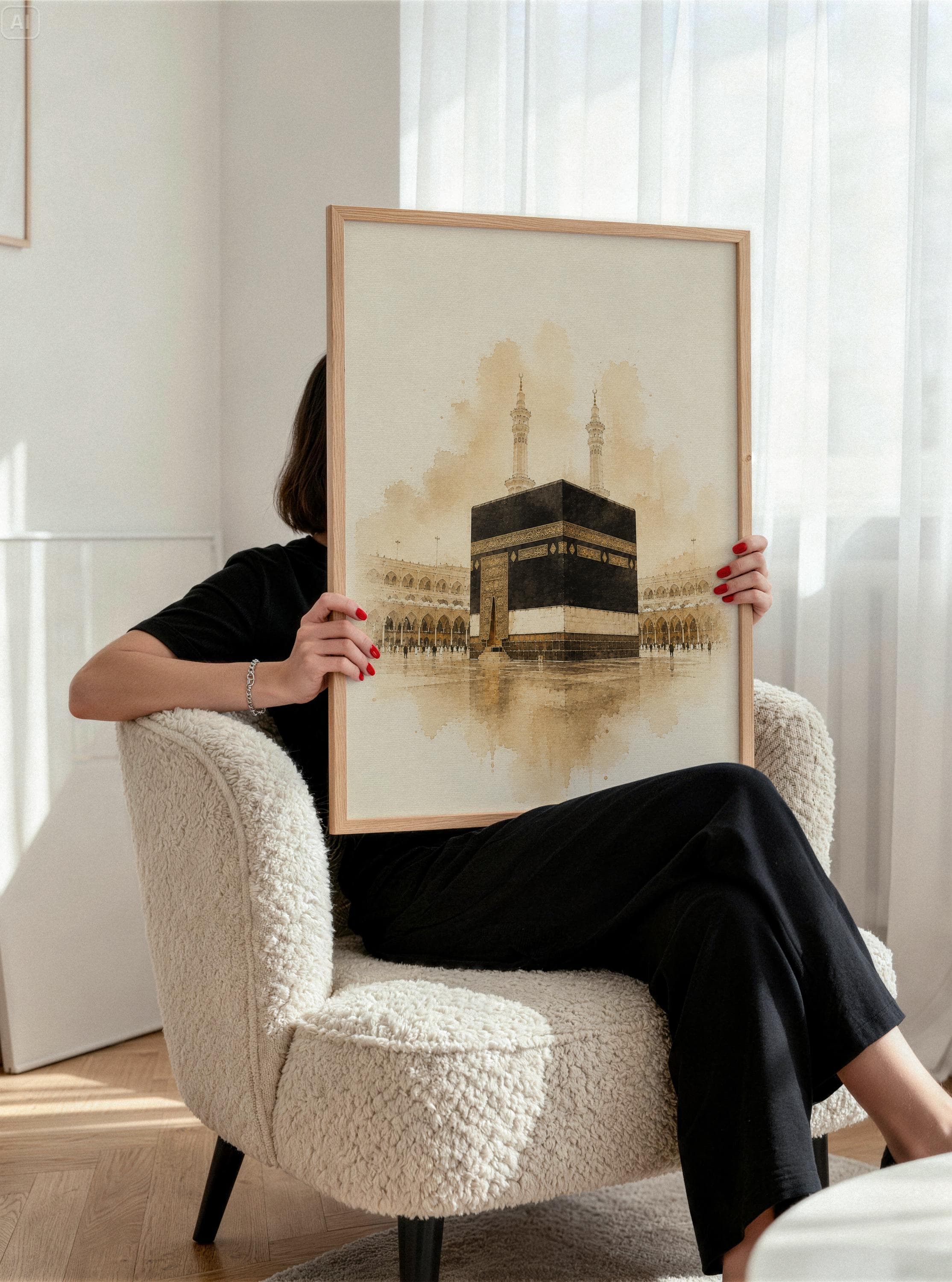 Kaaba Canvas Wall Art-Islamic Mecca Artwork-Neutral Muslim Home Decor-Minimalist Religious Framed Canvas Print - image 3