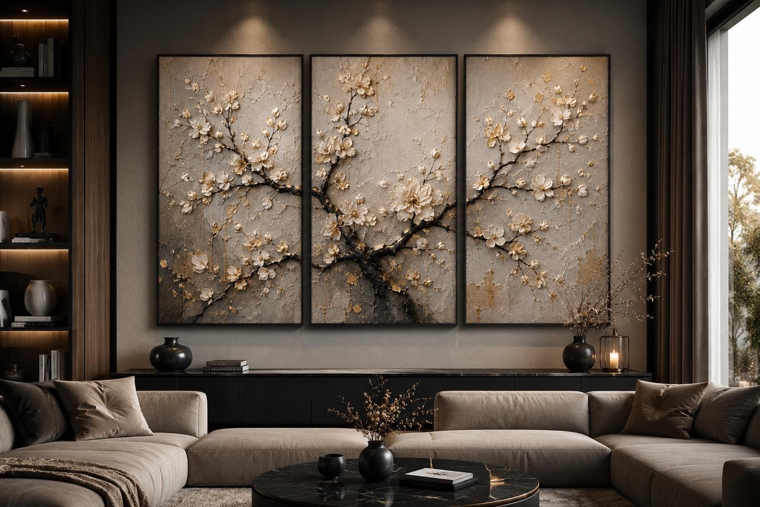 3 Panel Floral Canvas Wall Art-Cherry Blossom Triptych-Neutral Botanical Decor-Luxury Beige Art-Framed Canvas Set