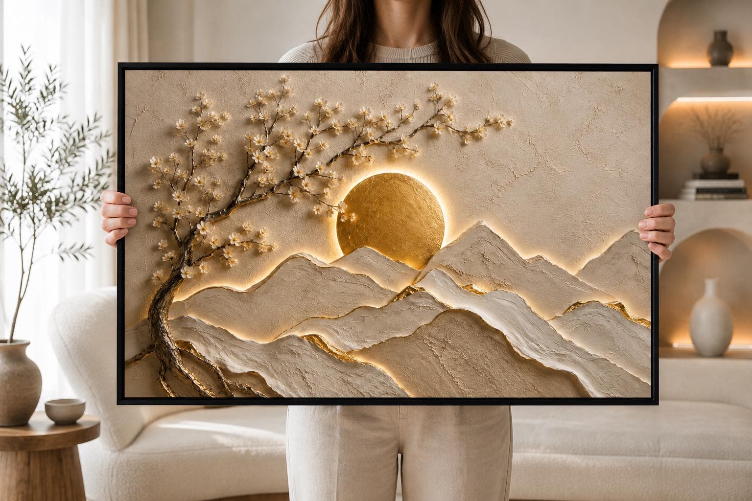 3D Mountain Canvas Wall Art-Golden Sun Landscape-Neutral Textured Nature Decor-Luxury Large Framed Canvas Print - image 3