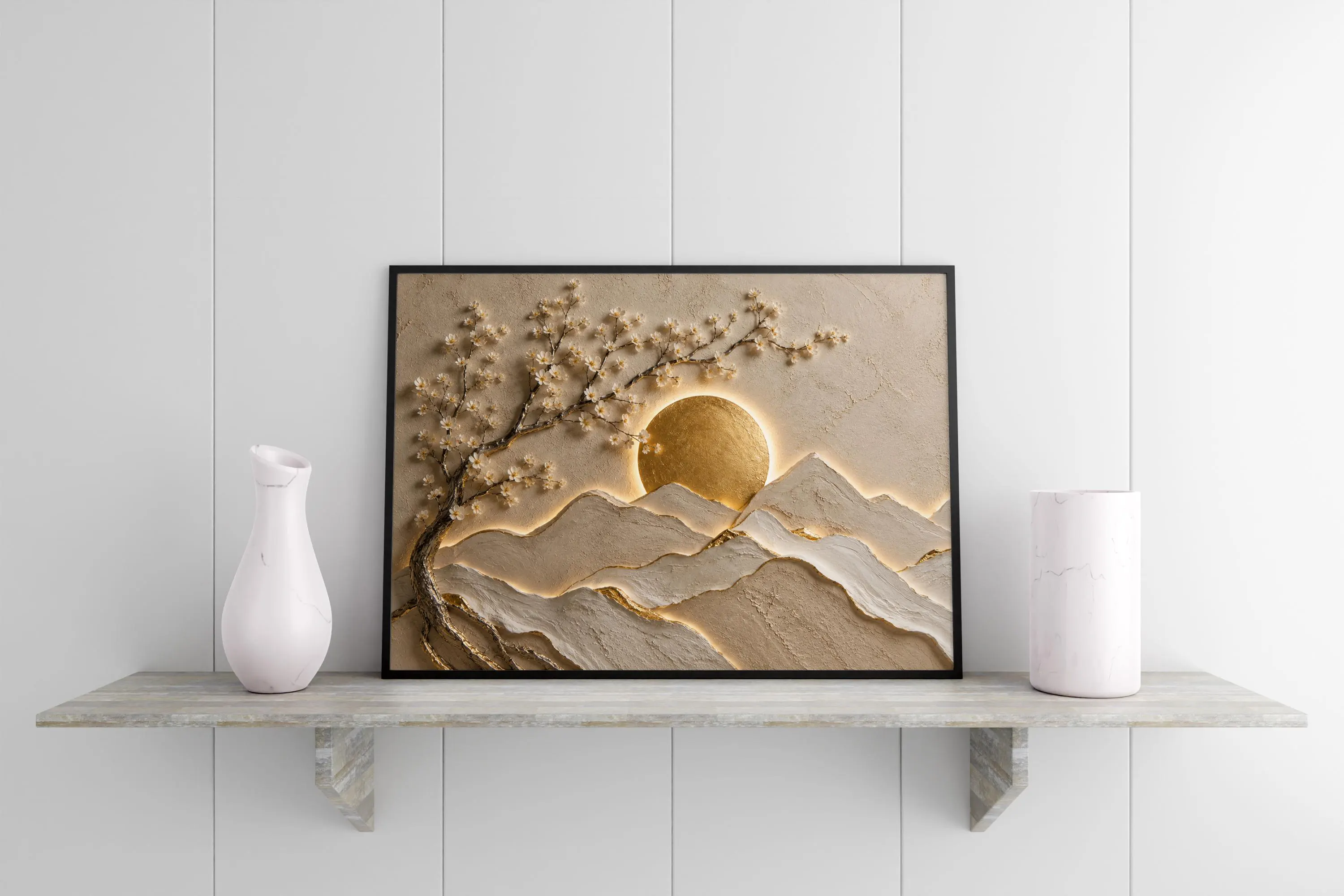 3D Mountain Canvas Wall Art-Golden Sun Landscape-Neutral Textured Nature Decor-Luxury Large Framed Canvas Print - image 5