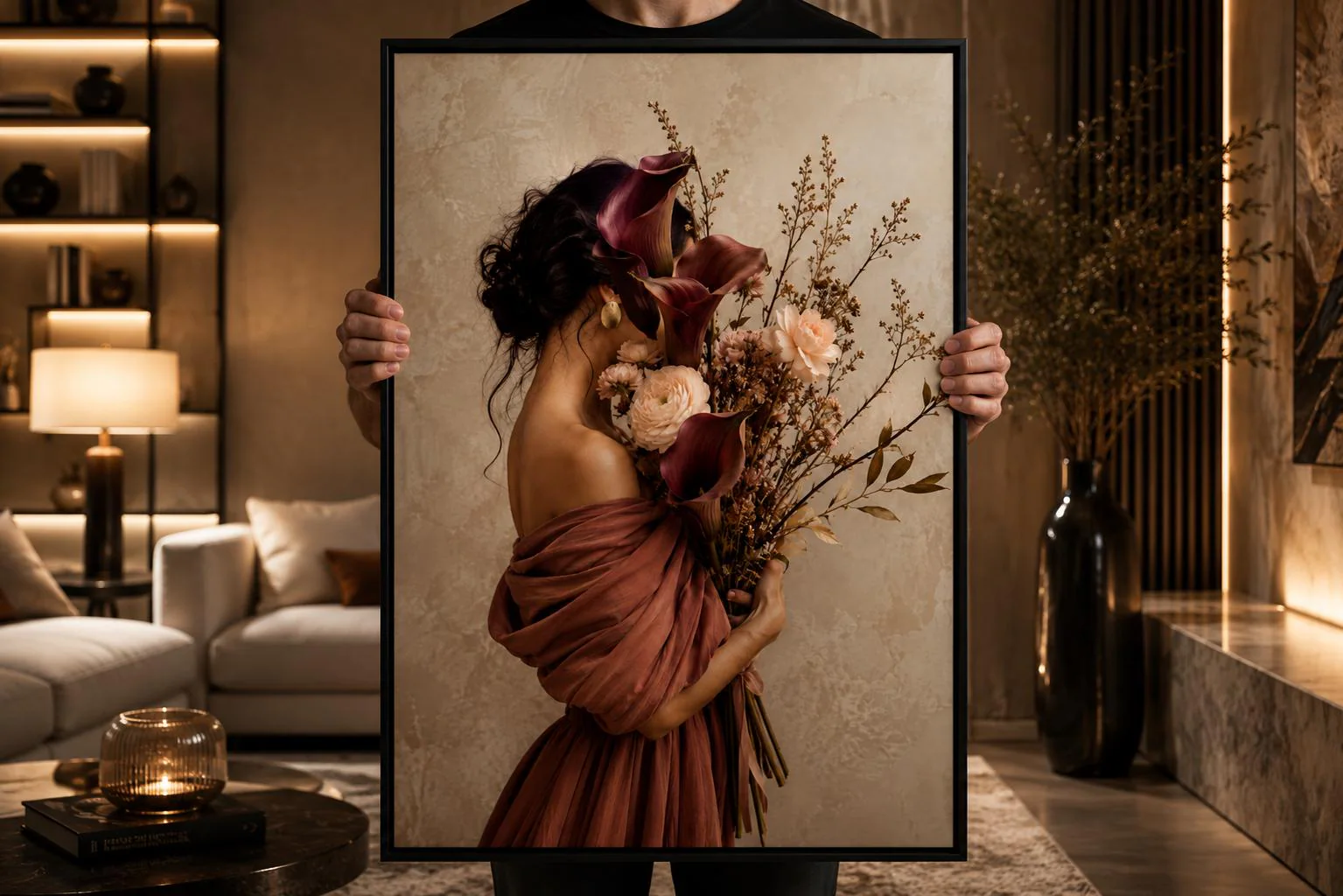 Floral Woman Canvas Wall Art – Burgundy Flower Portrait-Elegant Feminine Decor-Luxury Botanical Framed Canvas