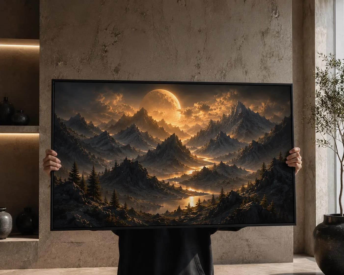Golden Moon Mountain Canvas Wall Art – Dark Mountain Landscape-Black Gold Nature Decor-Fantasy Framed Print - image 3