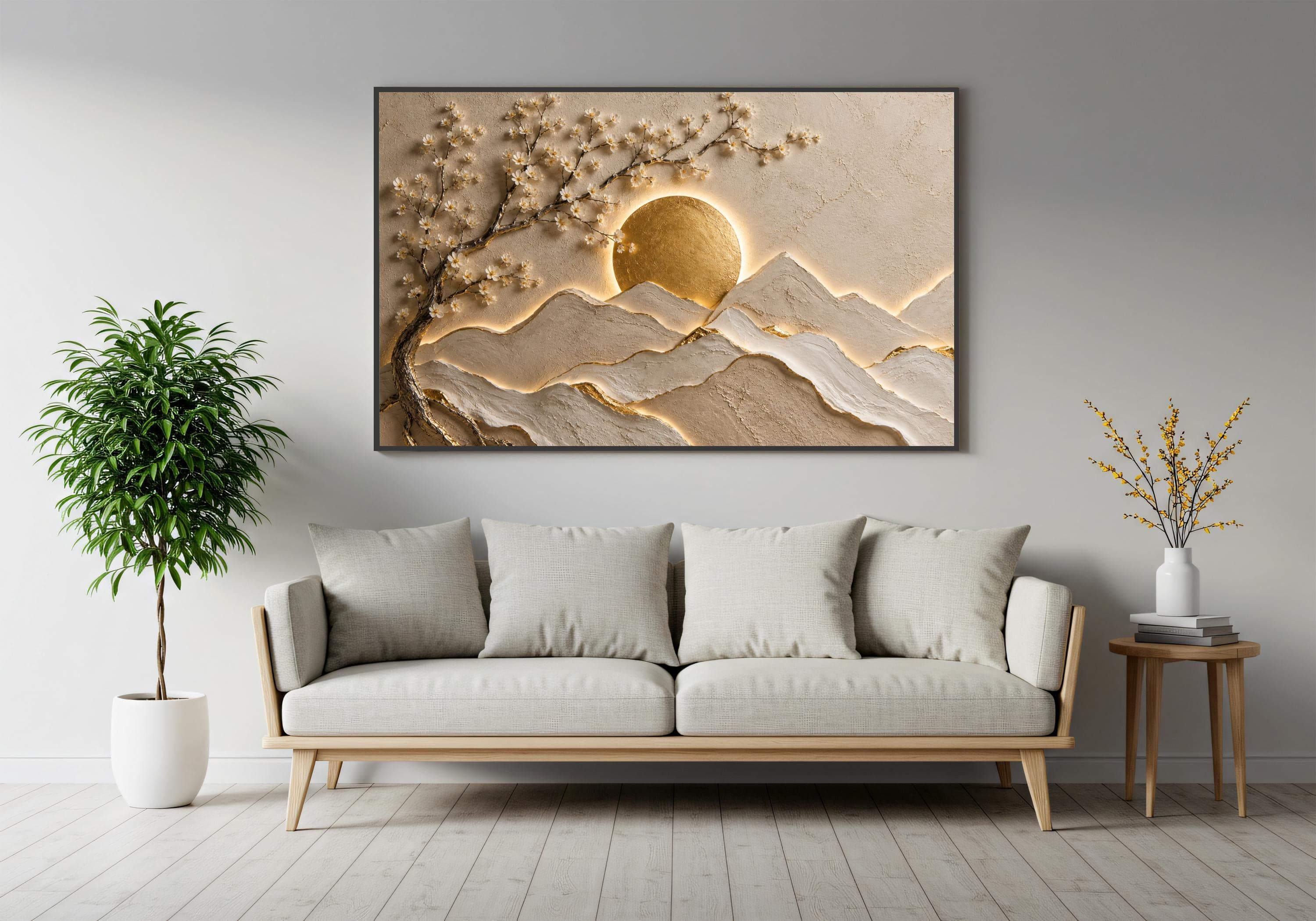 3D Mountain Canvas Wall Art-Golden Sun Landscape-Neutral Textured Nature Decor-Luxury Large Framed Canvas Print - image 4