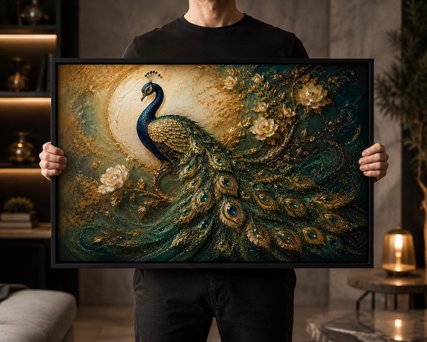 3D Peacock Canvas Wall Art-Blue Green Peacock & Floral Artwork-Luxury Gold Animal Decor-Large Framed Print
