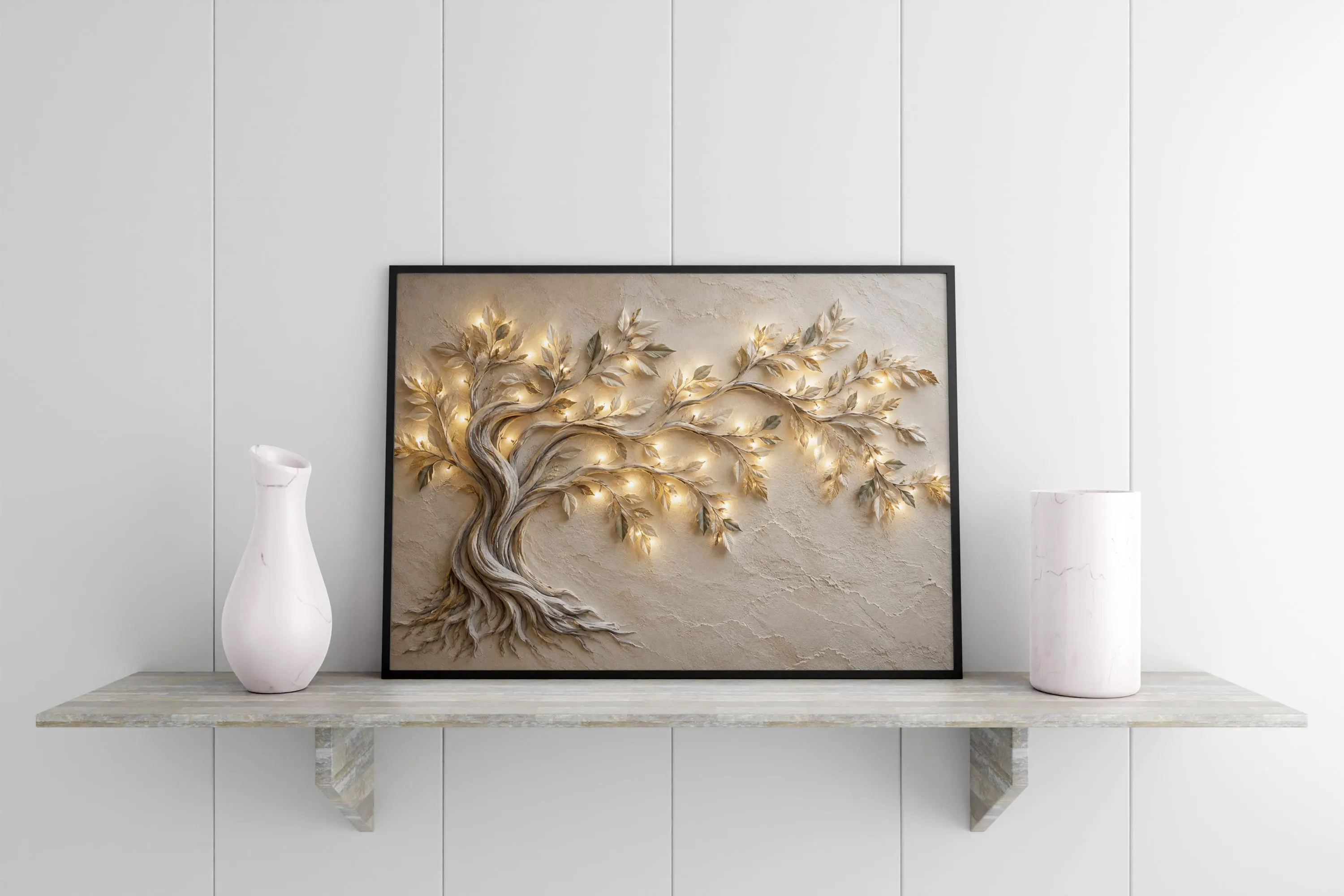 3D Tree of Life Canvas Wall Art-Illuminated Artwork-Neutral Botanical Wall Decor-Luxury Living Room Art - image 5