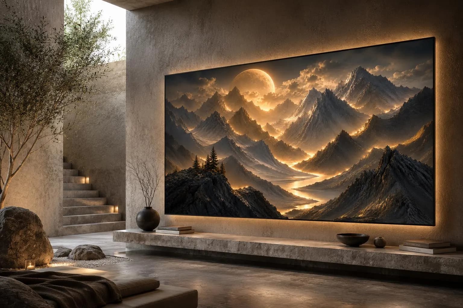 Golden Moon Mountain Canvas Wall Art – Dark Mountain Landscape-Black Gold Nature Decor-Fantasy Framed  Print
