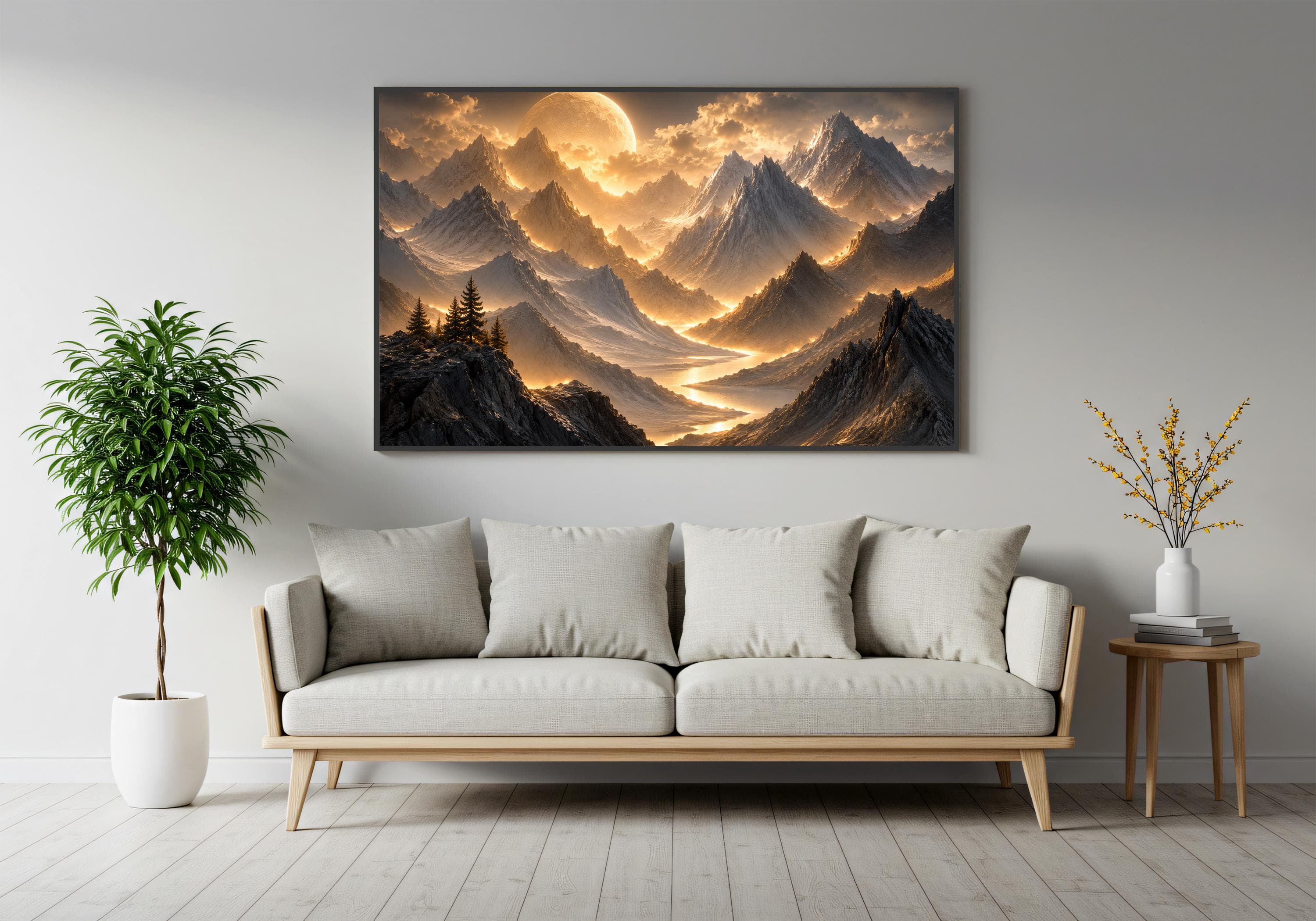 Golden Moon Mountain Canvas Wall Art – Dark Mountain Landscape-Black Gold Nature Decor-Fantasy Framed Print - image 4