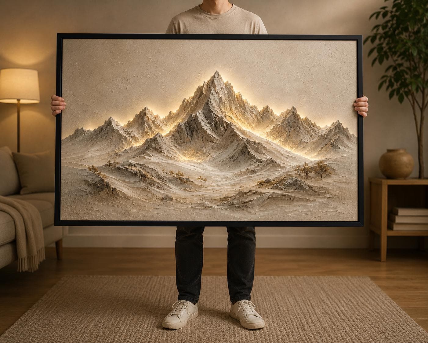 3D Mountain Canvas Wall Art-Illuminated Landscape Print-Neutral Nature Decor-Luxury Large Framed Canvas Artwork
