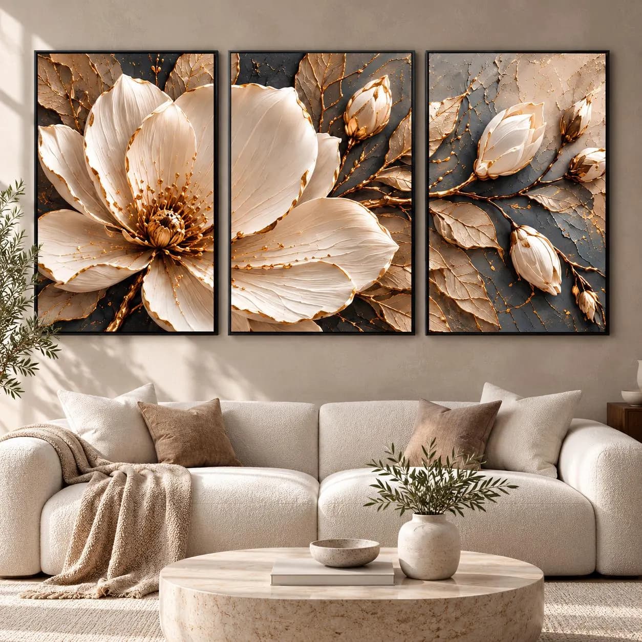 Magnolia Triptych Canvas Wall Art-Set of 3 Floral Canvas Prints-Neutral Beige Flower-Framed Botanical Set - image 3