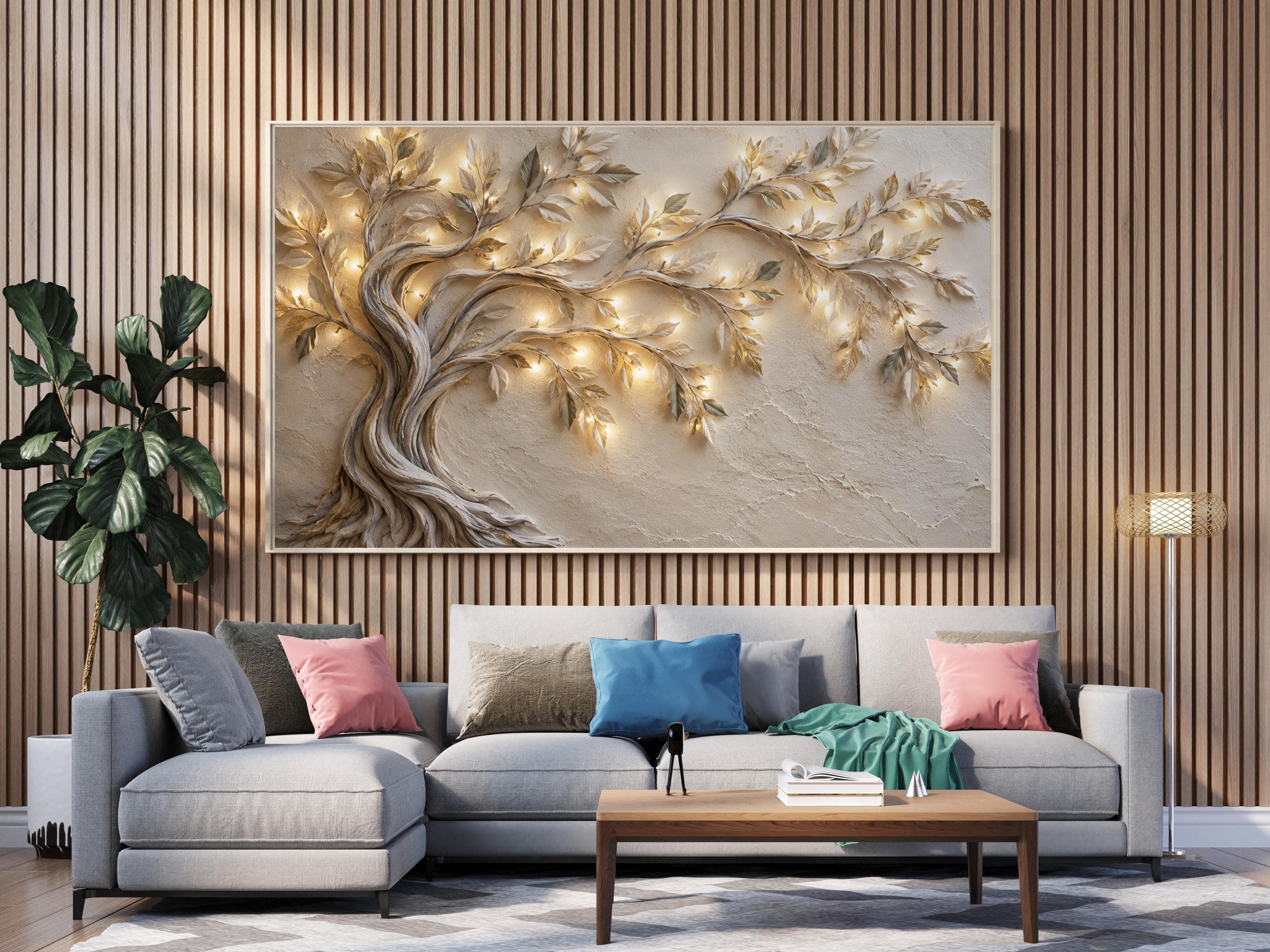 3D Tree of Life Canvas Wall Art-Illuminated Artwork-Neutral Botanical Wall Decor-Luxury Living Room Art - image 4