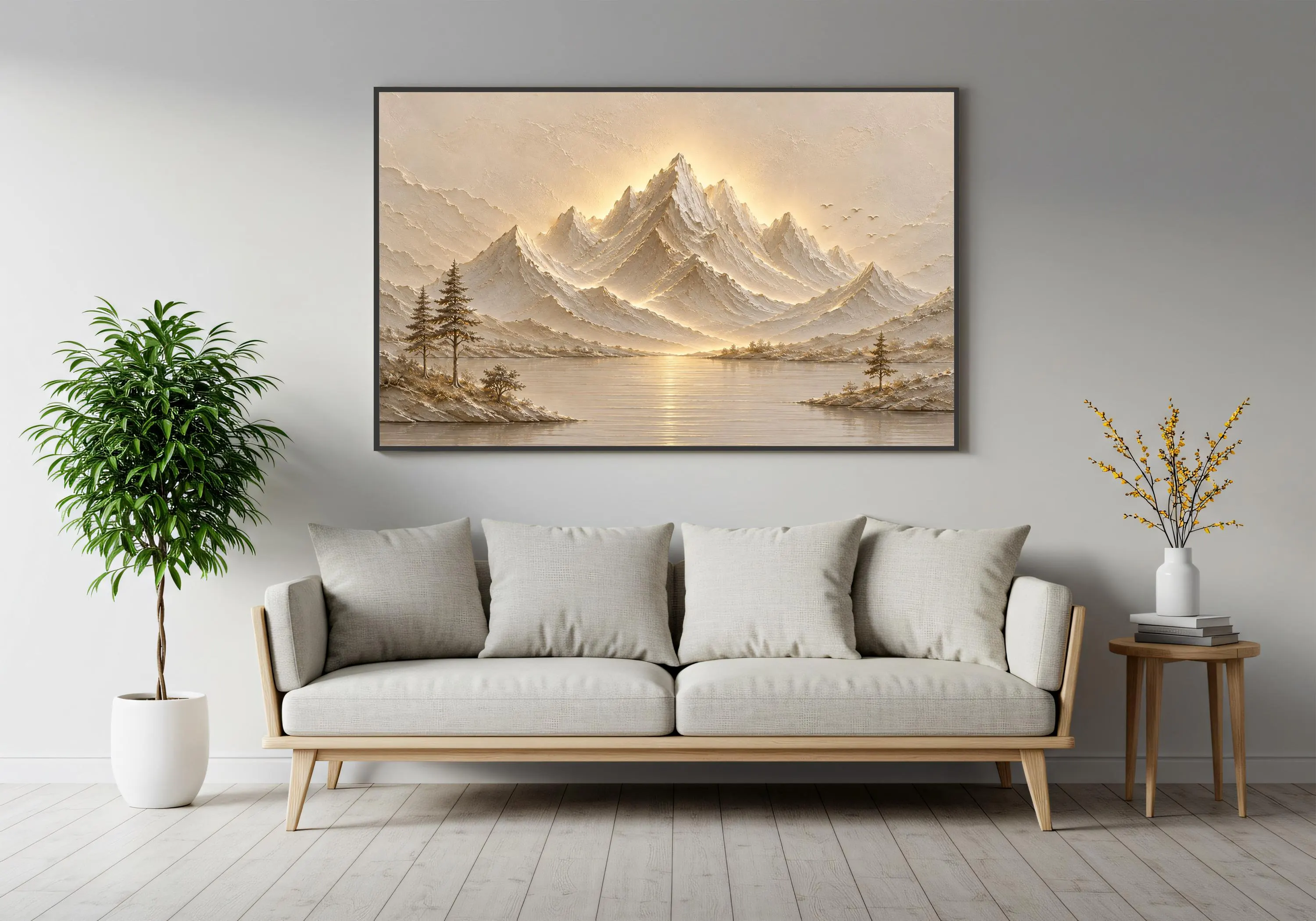 3D Mountain Lake Canvas Wall Art-Illuminated Landscape Artwork-Neutral Nature Decor-Luxury Large Framed Canvas - image 4