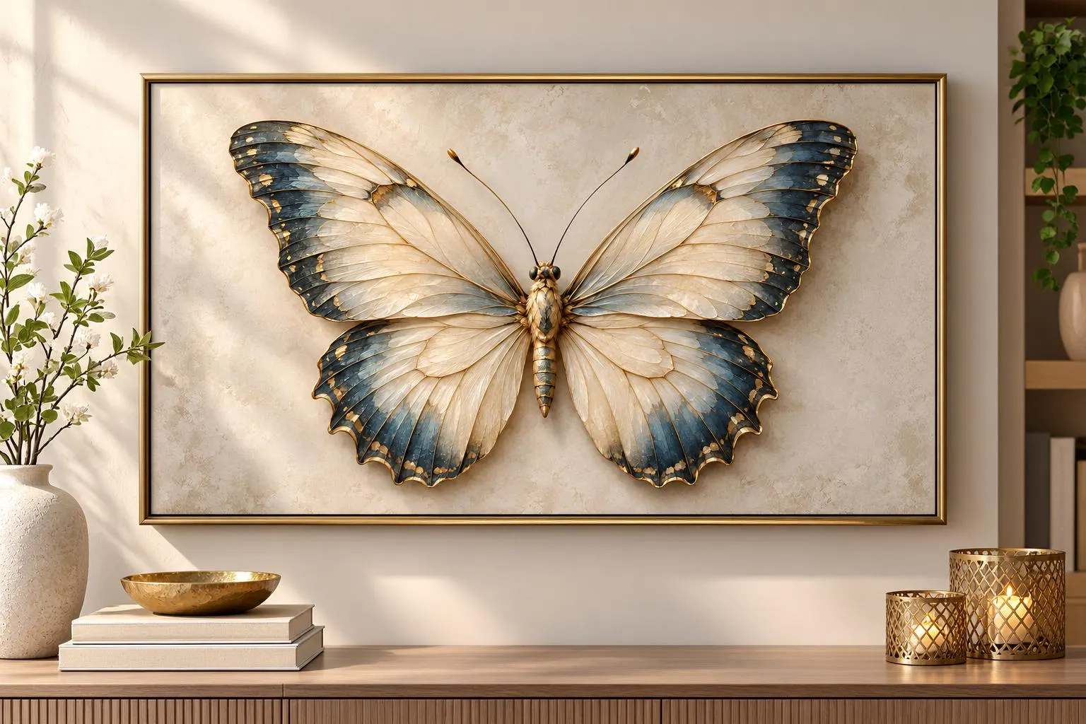 3D Butterfly Wall Art-Gold Blue Butterfly Canvas-Modern Insect Artwork-Luxury Nature Decor-Elegant Living Room Decor - image 3