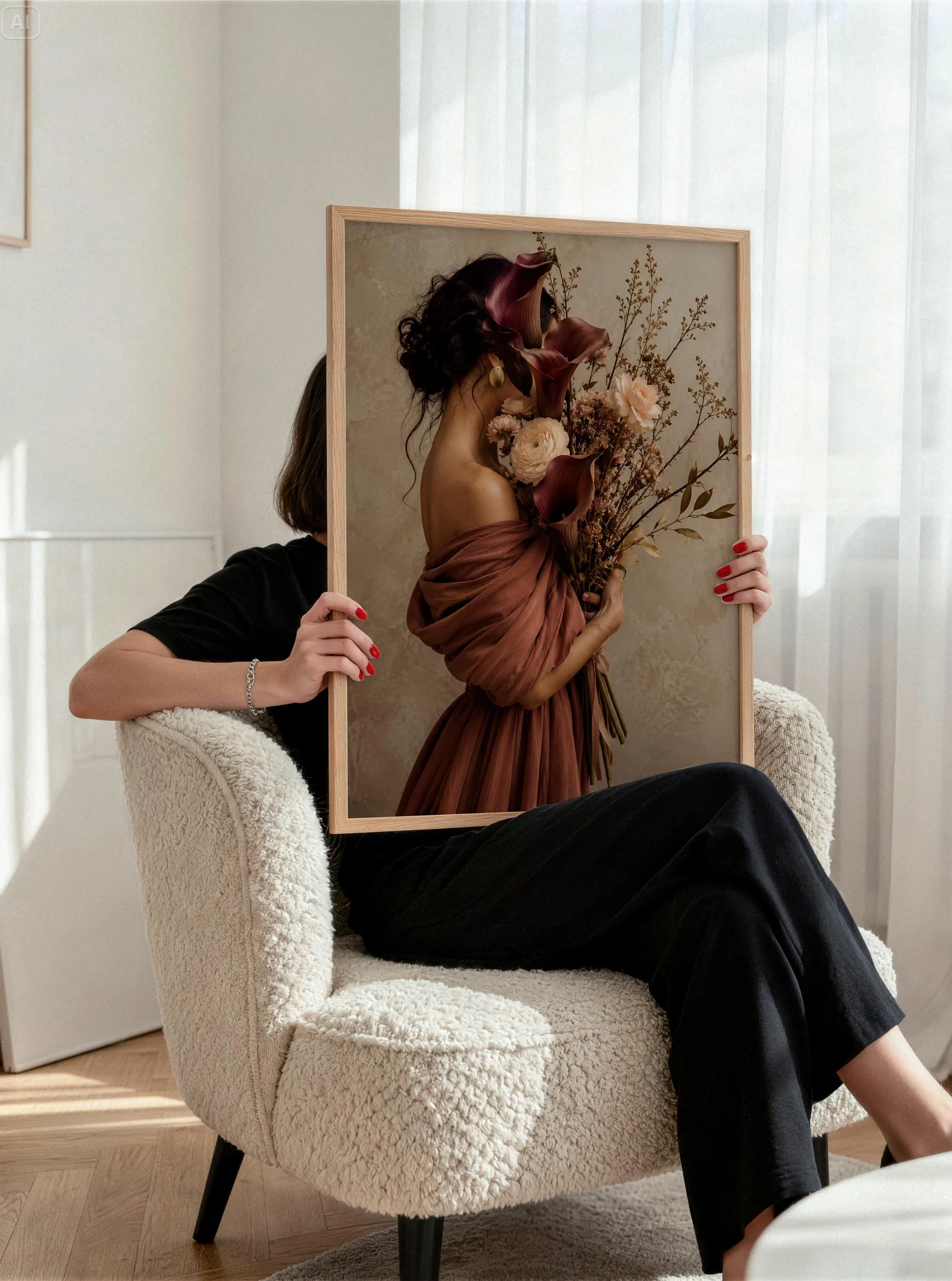 Floral Woman Canvas Wall Art – Burgundy Flower Portrait-Elegant Feminine Decor-Luxury Botanical Framed Canvas - image 5