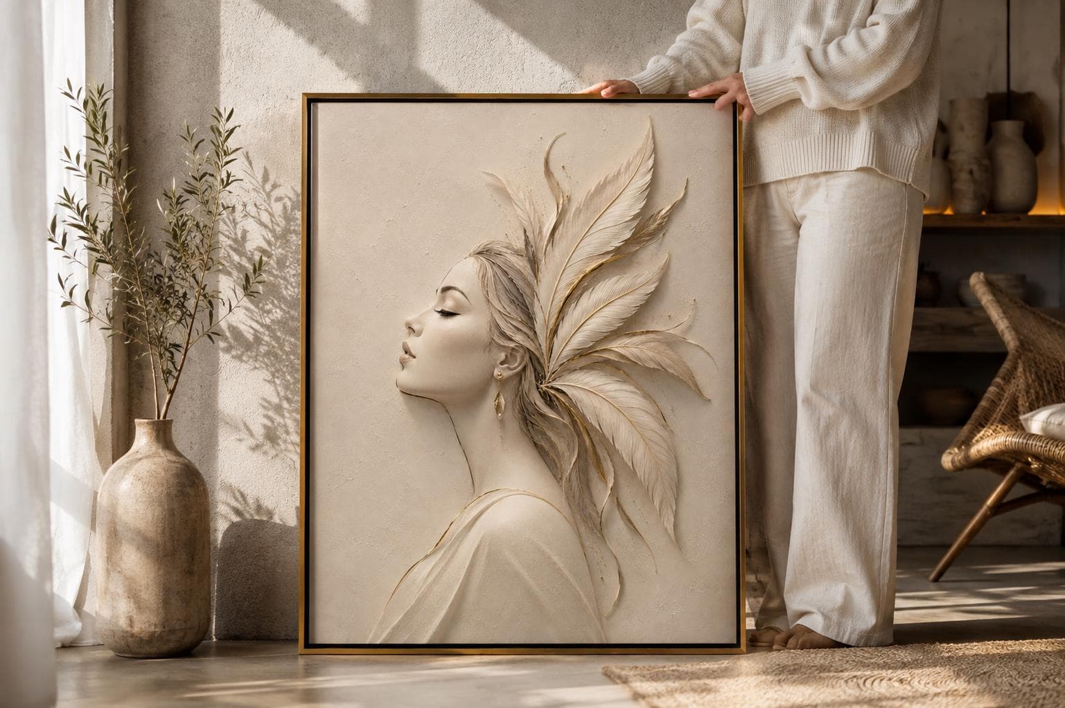 Elegant Woman Canvas Wall Art-3D Feather Portrait-Neutral Feminine Artwork,Luxury Modern Large Framed Canvas - image 3